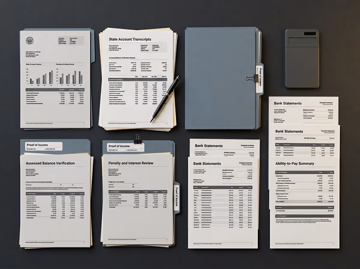 Overhead view of organized financial documents including state account transcripts, proof of income, bank statements, and assessed balance verification with a pen and calculator on a dark surface.