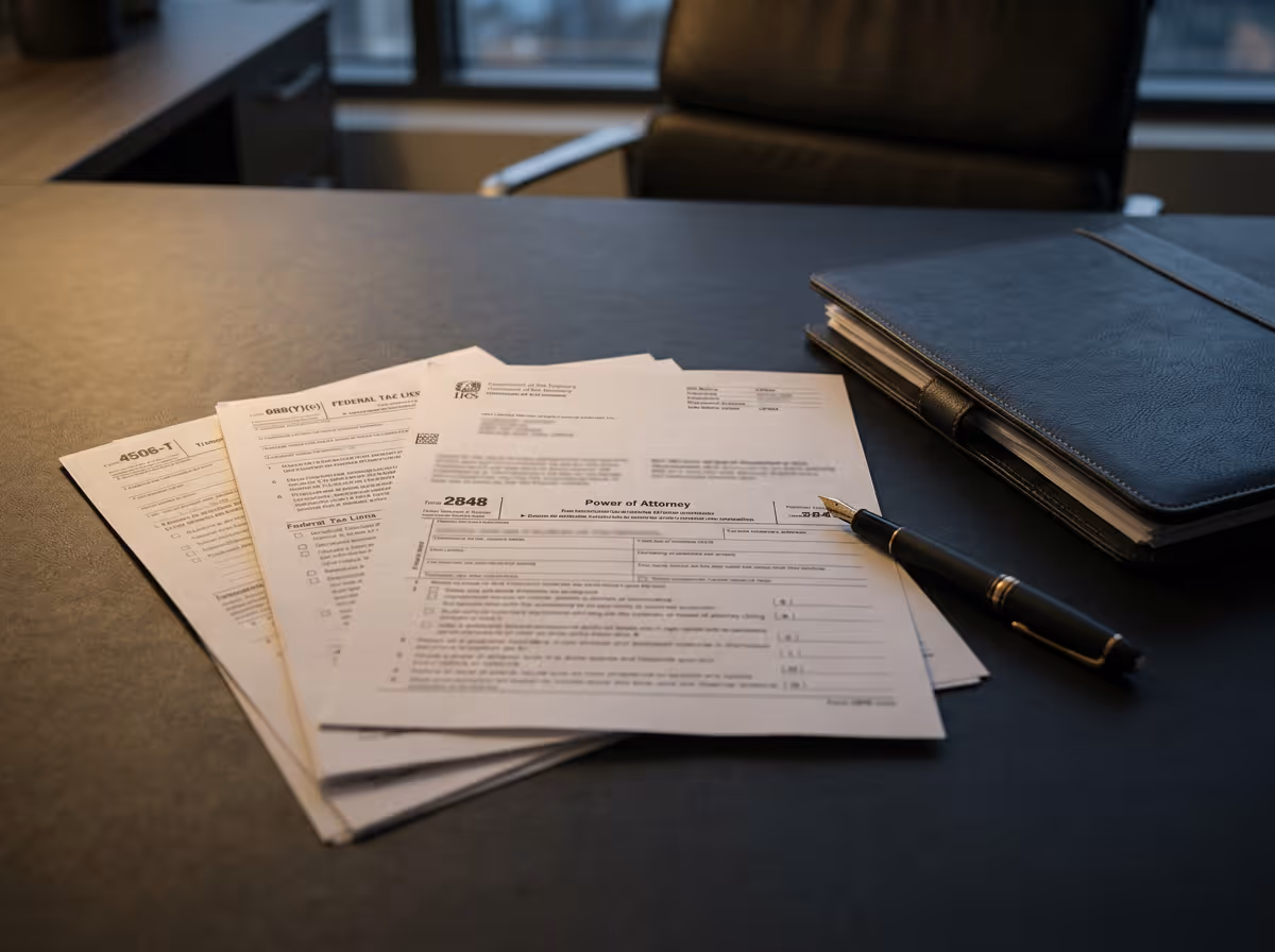 IRS tax forms including Form 2848 Power of Attorney placed on a desk with a fountain pen and black leather folder.