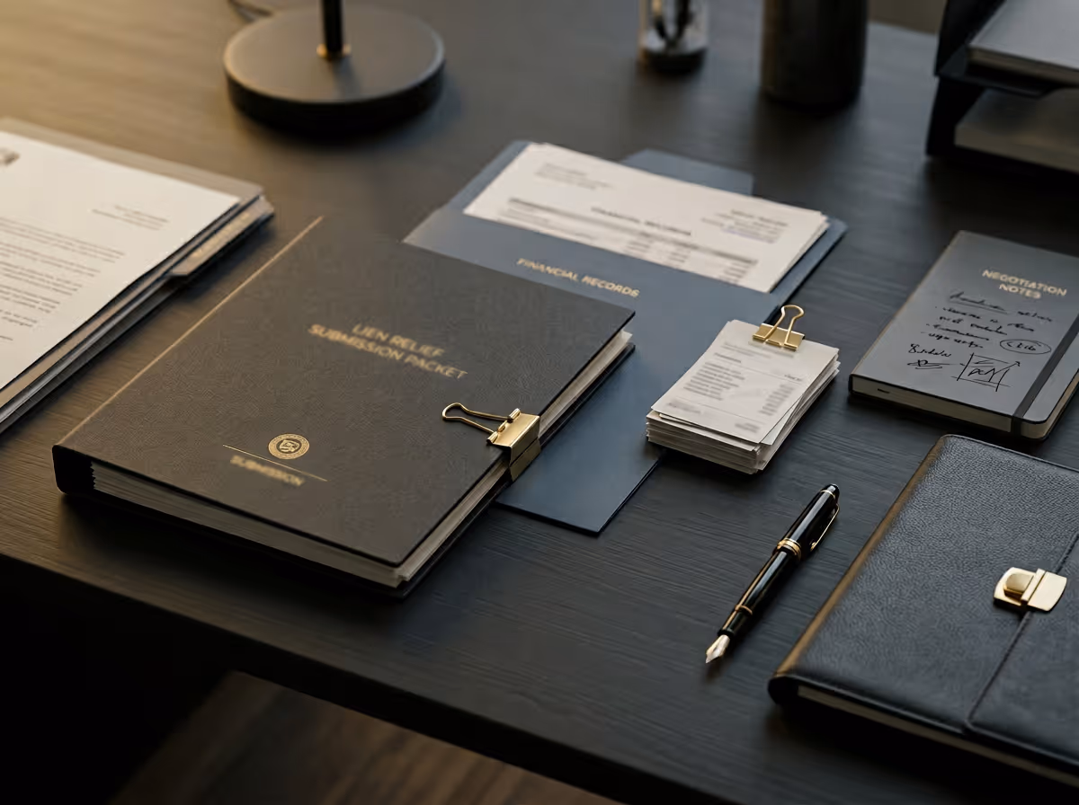 Desk with organized financial documents including a lien relief submission packet, financial records folder, a stack of clipped cards, negotiation notes notepad, pen, and a closed leather binder.