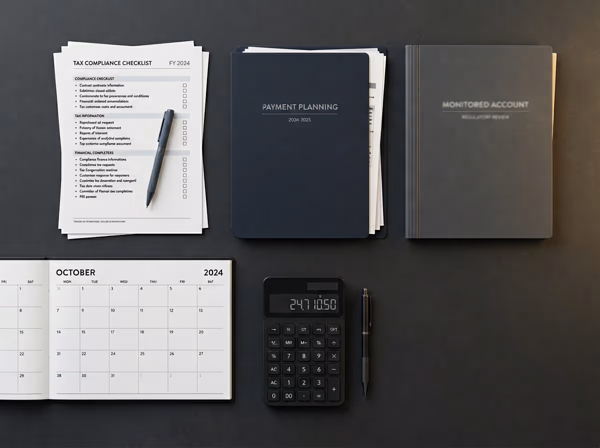 Flat lay of tax compliance checklist papers, payment planning and monitored account notebooks, calendar open to October 2024, black calculator, and pens on a dark surface.