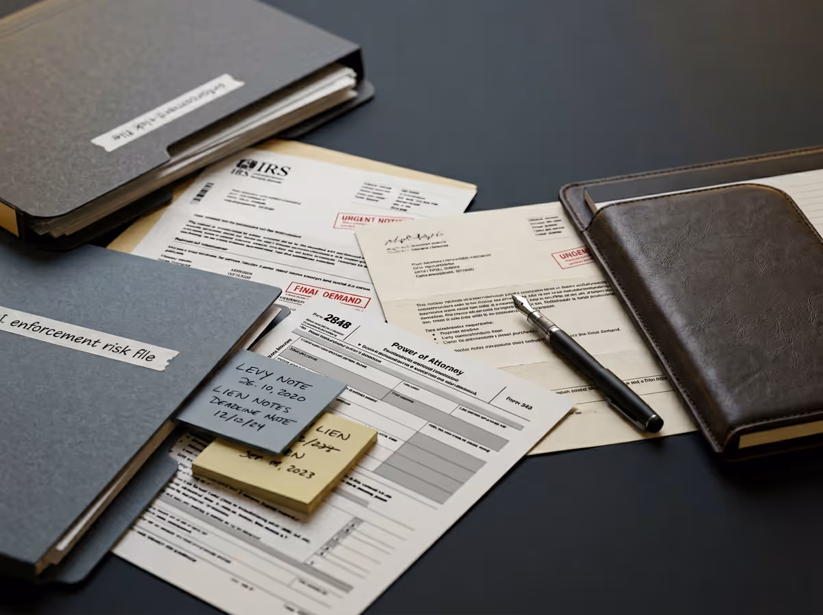IRS and legal documents including a power of attorney form, a pen, notebooks, and sticky notes on a dark surface.