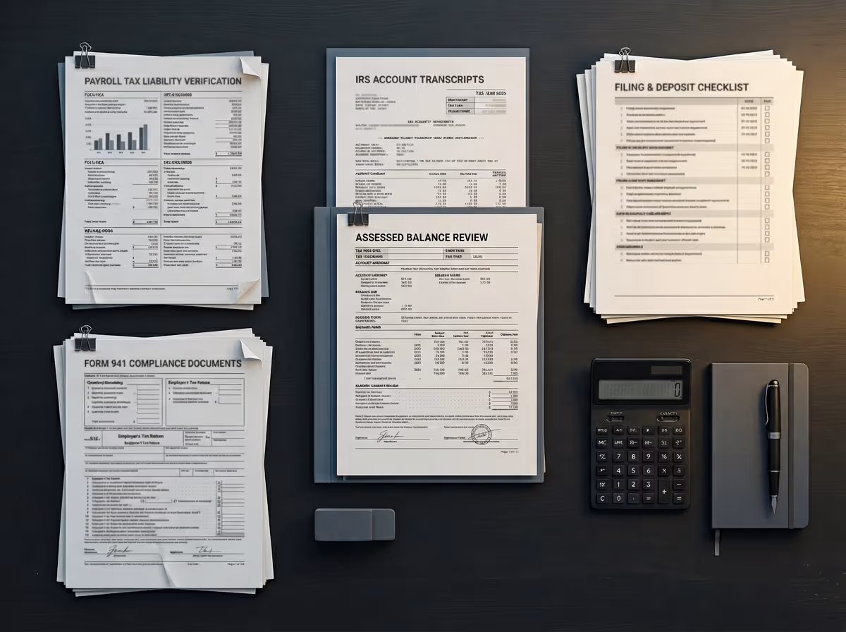 Organized stacks of tax and compliance documents labeled Payroll Tax Liability Verification, IRS Account Transcripts, Assessed Balance Review, Filing & Deposit Checklist, and Form 941 Compliance Documents, accompanied by a calculator, erasers, and a notebook with a pen on a black desk.
