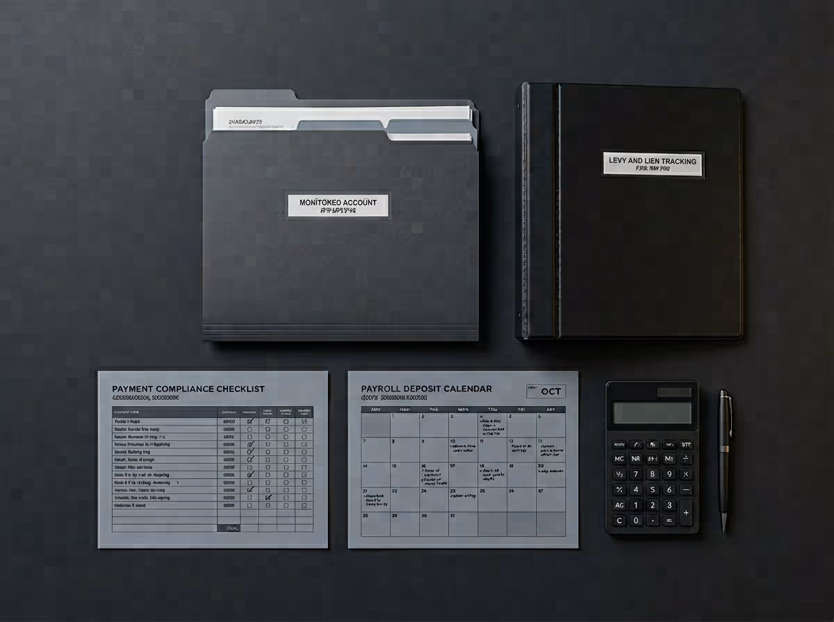 Organized workspace featuring a black folder labeled 'Monitored Account,' a black binder labeled 'Levy and Lien Tracking,' a payment compliance checklist, a payroll deposit calendar, a calculator, and a pen arranged on a dark surface.