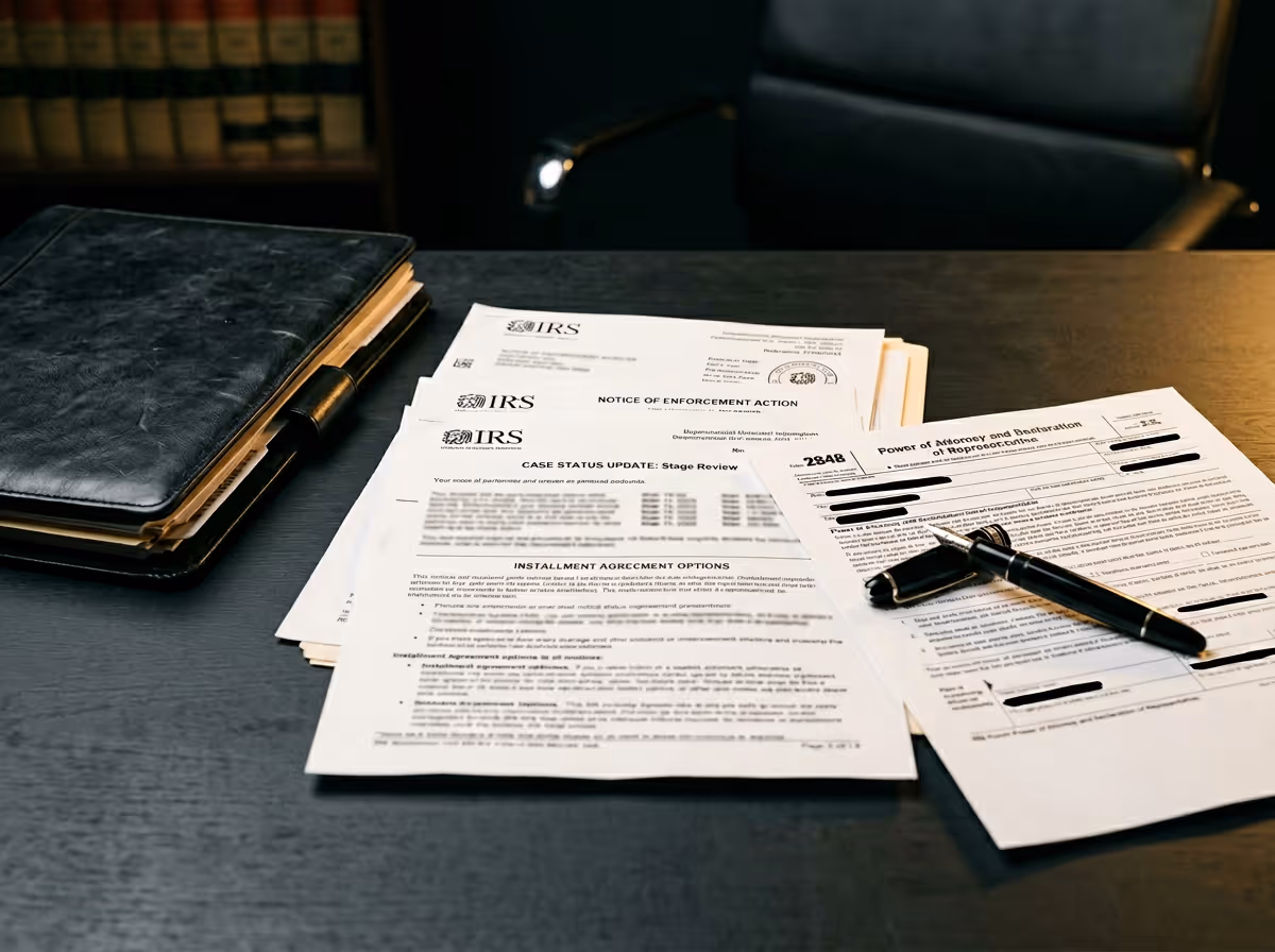 Stack of IRS documents and a black pen on a dark office desk next to a black folder and office chair.