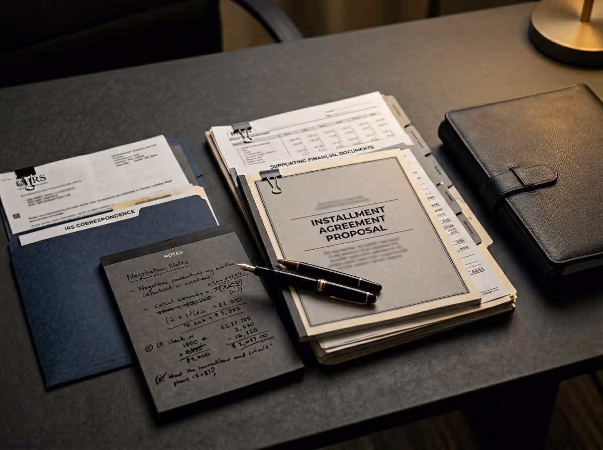 Desk with organized folders labeled IRS Correspondence and Supporting Financial Documents, a document titled Installment Agreement Proposal, handwritten negotiation notes, and two pens.