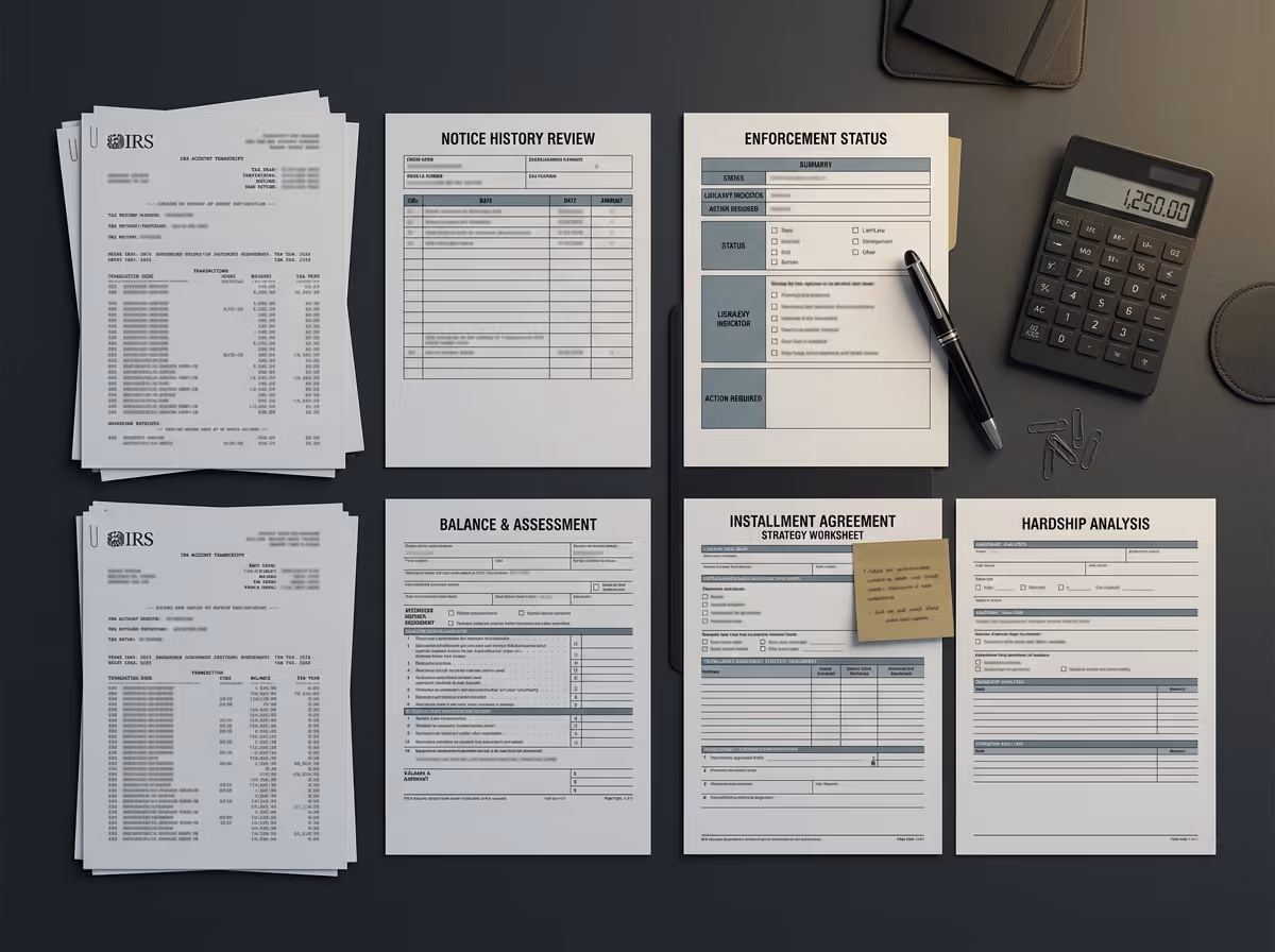 Desk with financial and tax documents including IRS transcripts, notice history review, enforcement status, balance assessment, installment agreement worksheet with a sticky note, and hardship analysis, alongside a pen, calculator displaying 1250.00, and scattered paper clips.