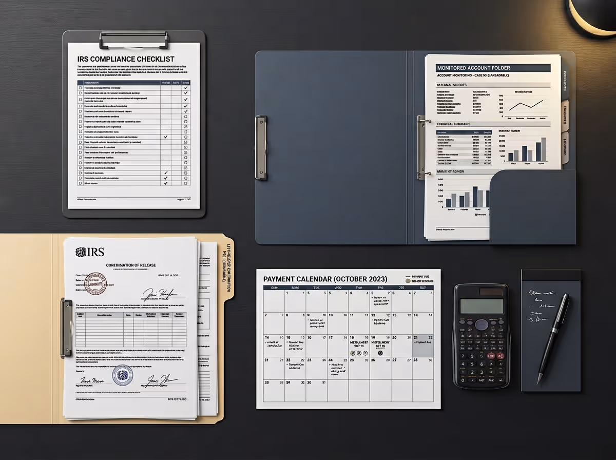 Workspace with IRS compliance checklist on clipboard, financial documents in folders, a payment calendar for October 2023, a calculator, and a pen with a notebook on a dark surface.