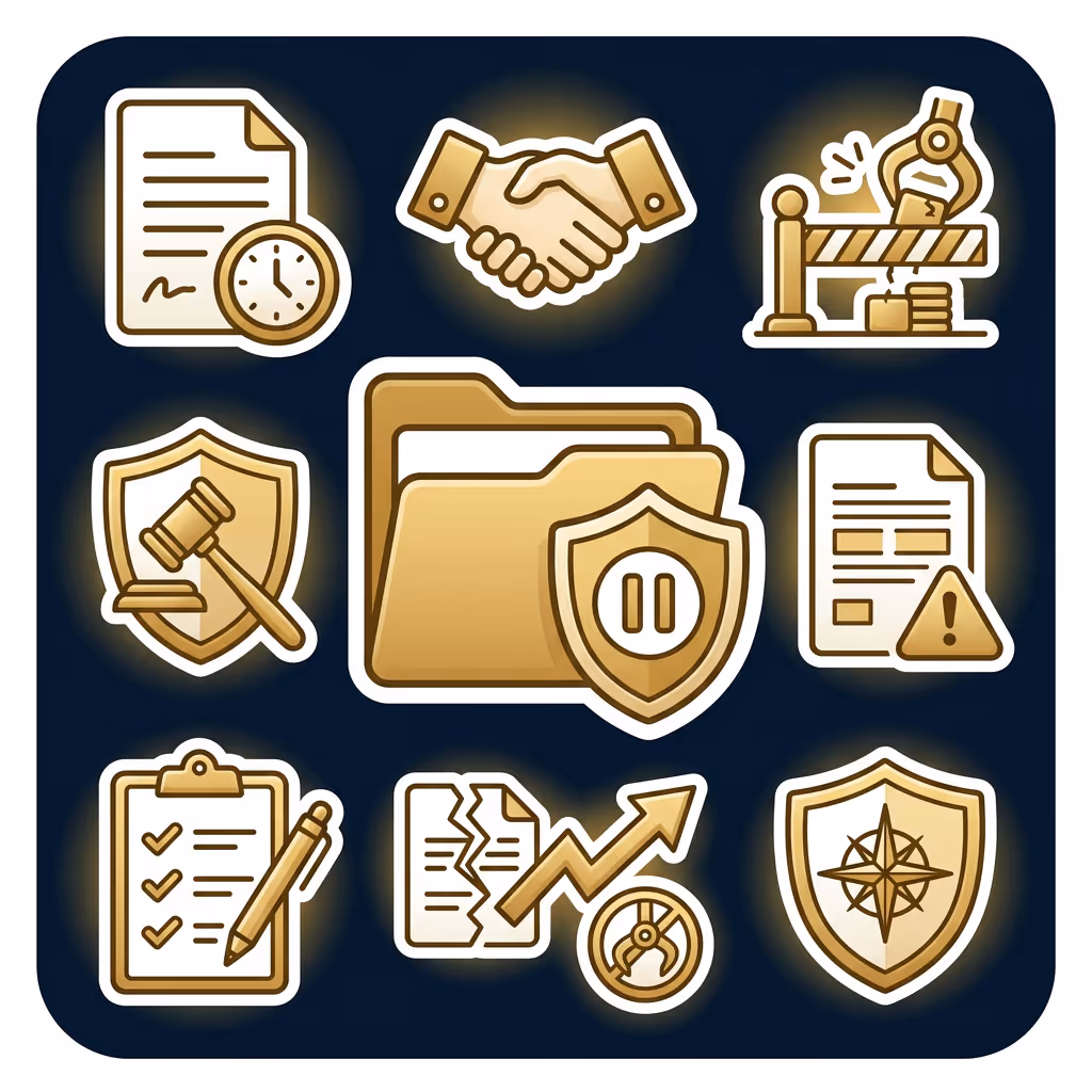 Set of gold icons representing legal agreement, handshake, barrier with robotic arm, gavel on shield, protected folder, document with warning, checklist with pen, document with increasing graph and robotic arm, and compass shield.