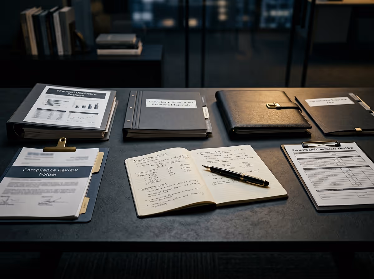 Office desk with organized binders labeled Financial Disclosure Package, Long-Term Resolution, Agreement Routing File, Compliance Review Folder, an open notebook with handwritten notes, a pen, and a clipboard with a Penmis and Complaints Checklist.