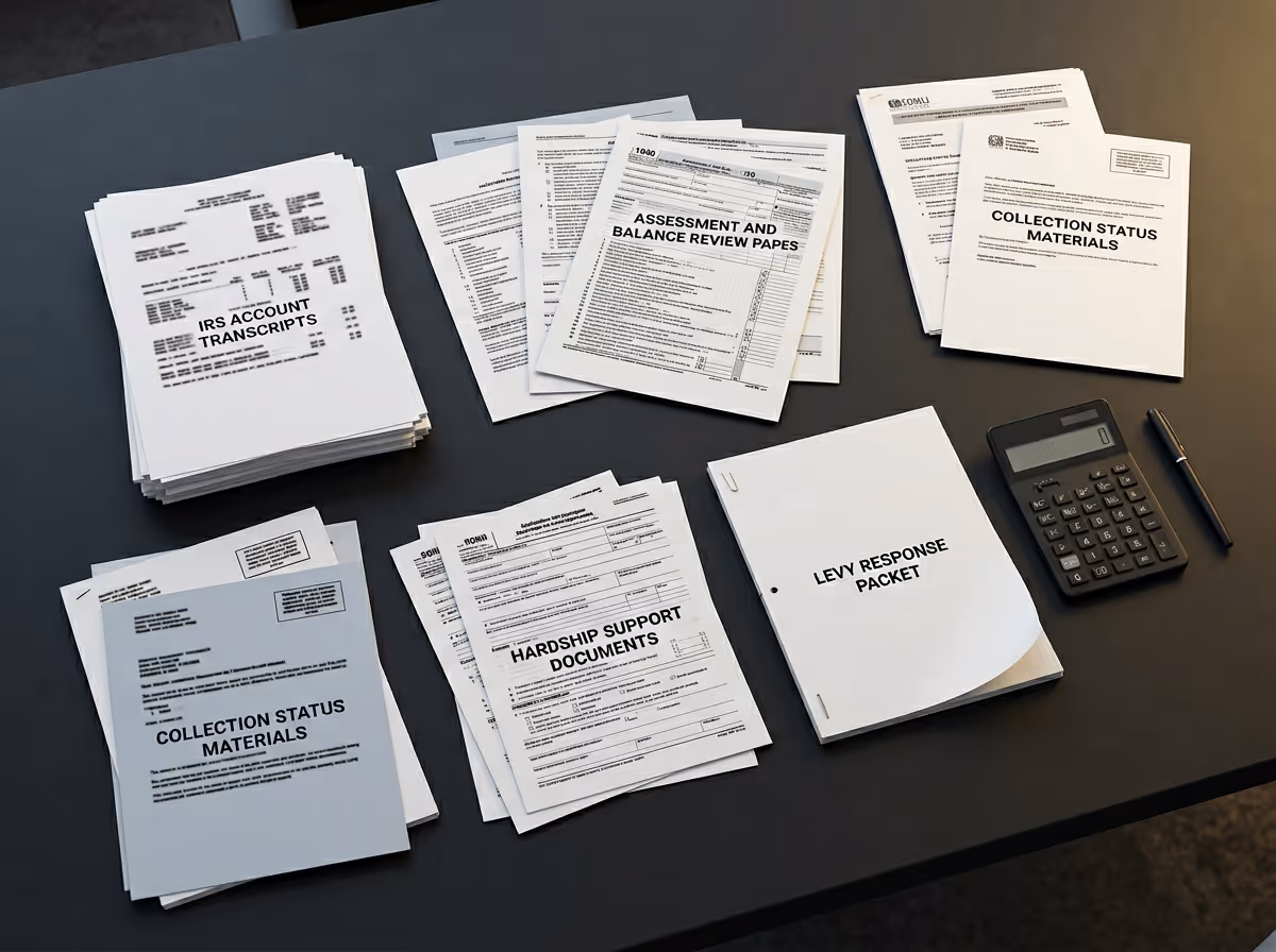 Stacks of organized documents on a table labeled IRS Account Transcripts, Assessment and Balance Review Papers, Collection Status Materials, Hardship Support Documents, and Levy Response Packet, with a calculator and pen nearby.