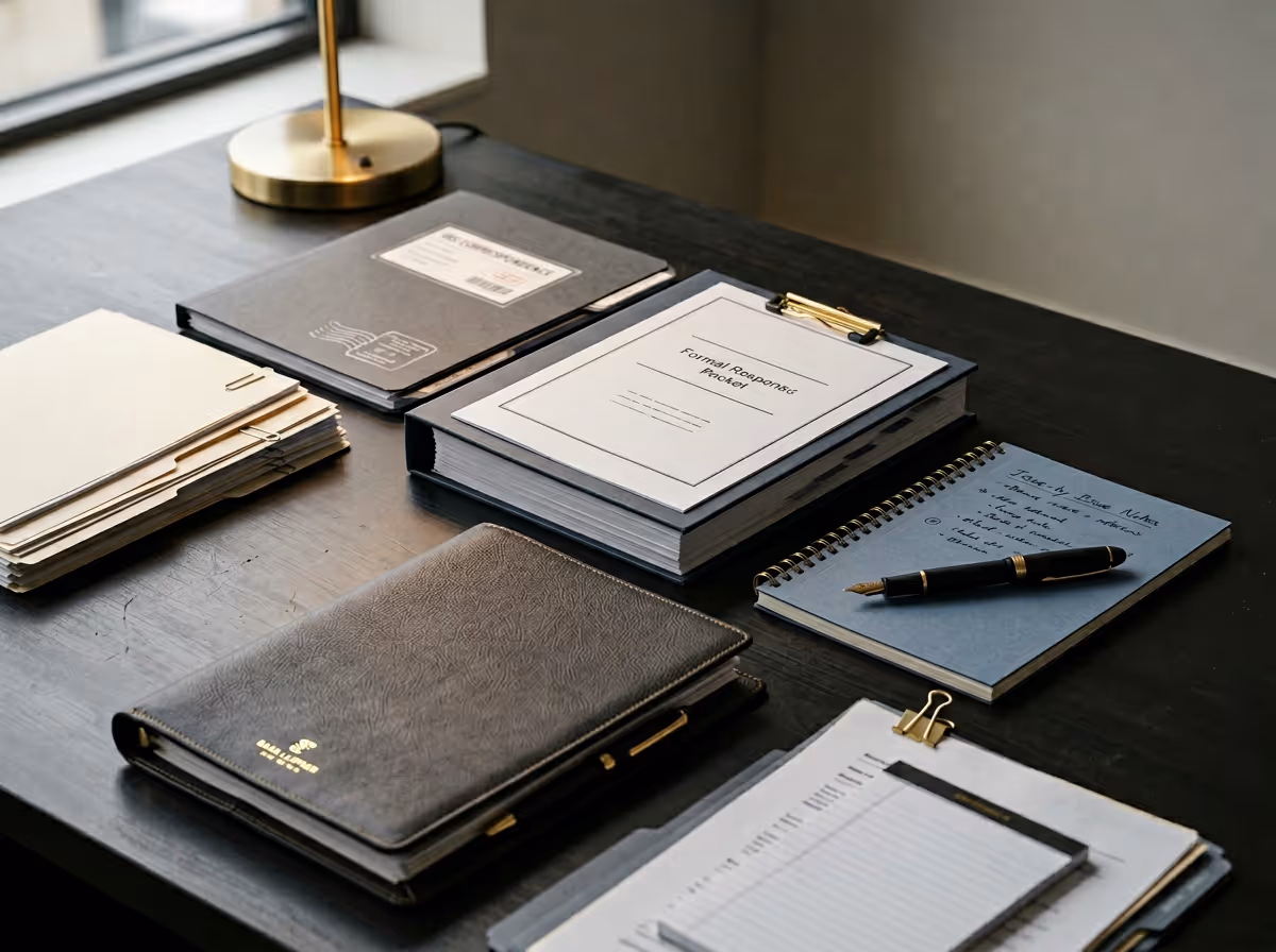 Organized desk with folders, a thick binder labeled 'Formal Response Packet', a notebook with handwritten notes and a pen, a planner, and papers held with clips.