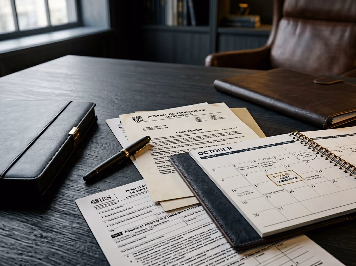 Desk with IRS tax documents, a pen, and an open calendar showing October with a marked deadline for a submission.