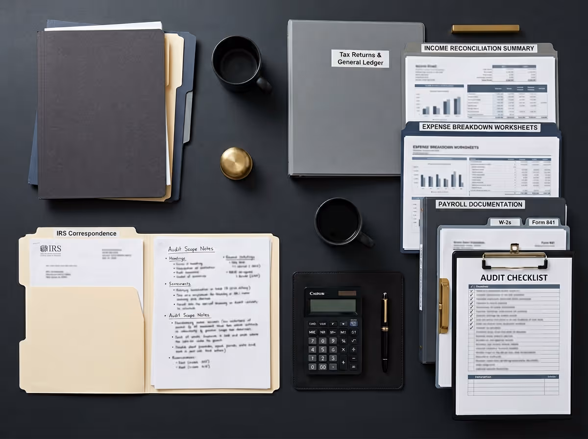 Organized audit documents on a black table including IRS correspondence folder, audit notes, tax returns binder, income reconciliation summary, expense worksheets, payroll documents, a checklist on clipboard, two black coffee mugs, a calculator, and a pen.
