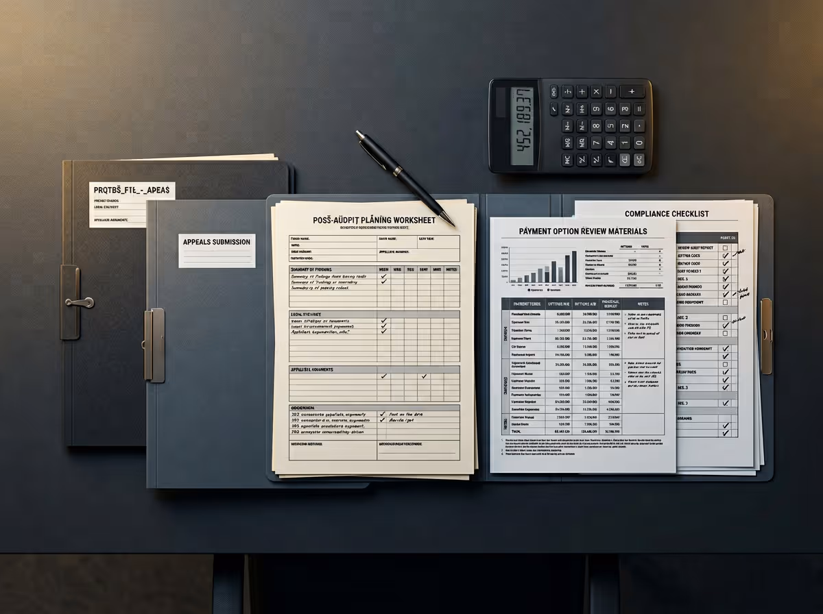 Office desk with folders labeled 'Appeals Submission' and 'Compliance Checklist,' a post-audit planning worksheet, a payment option review sheet, and a calculator with a pen on top.