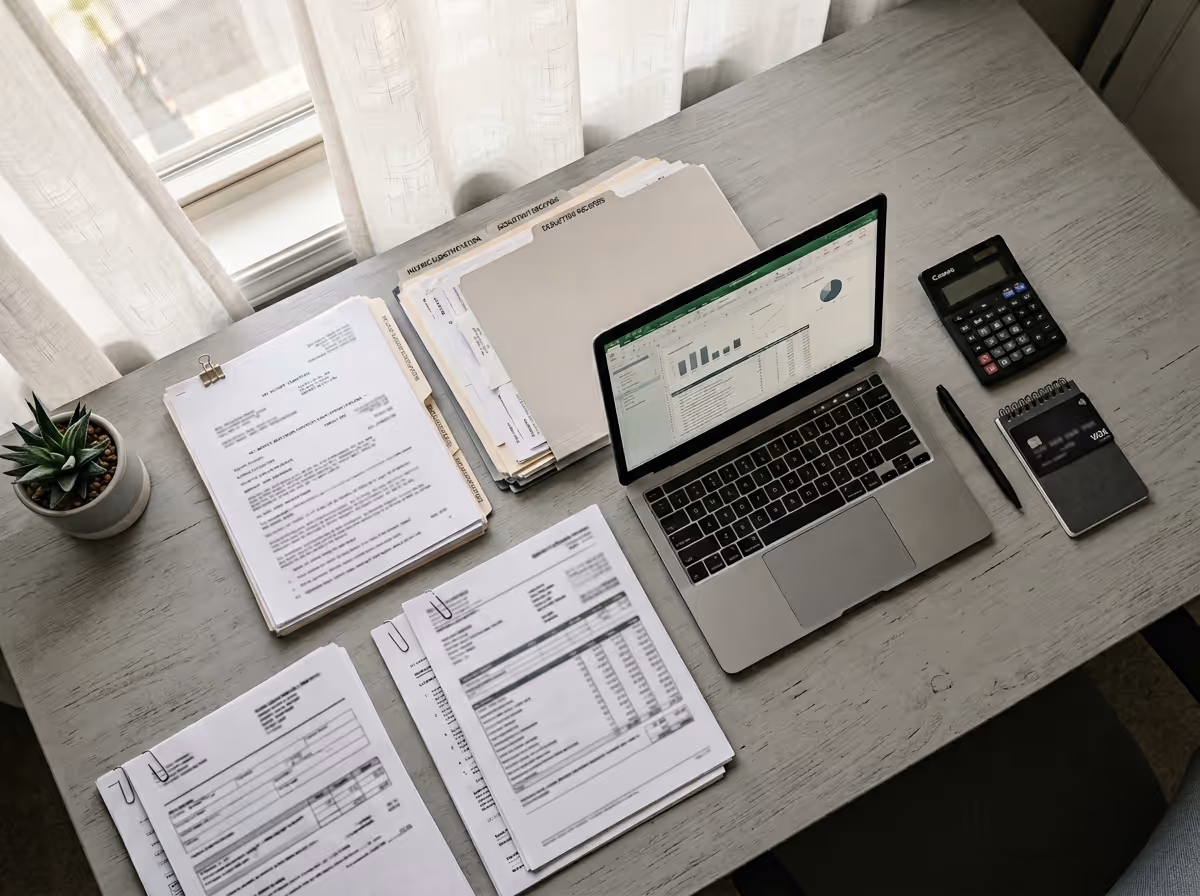 Office desk with organized paperwork, laptop displaying charts, calculator, pen, notebook with a credit card, and a small potted plant near a window.