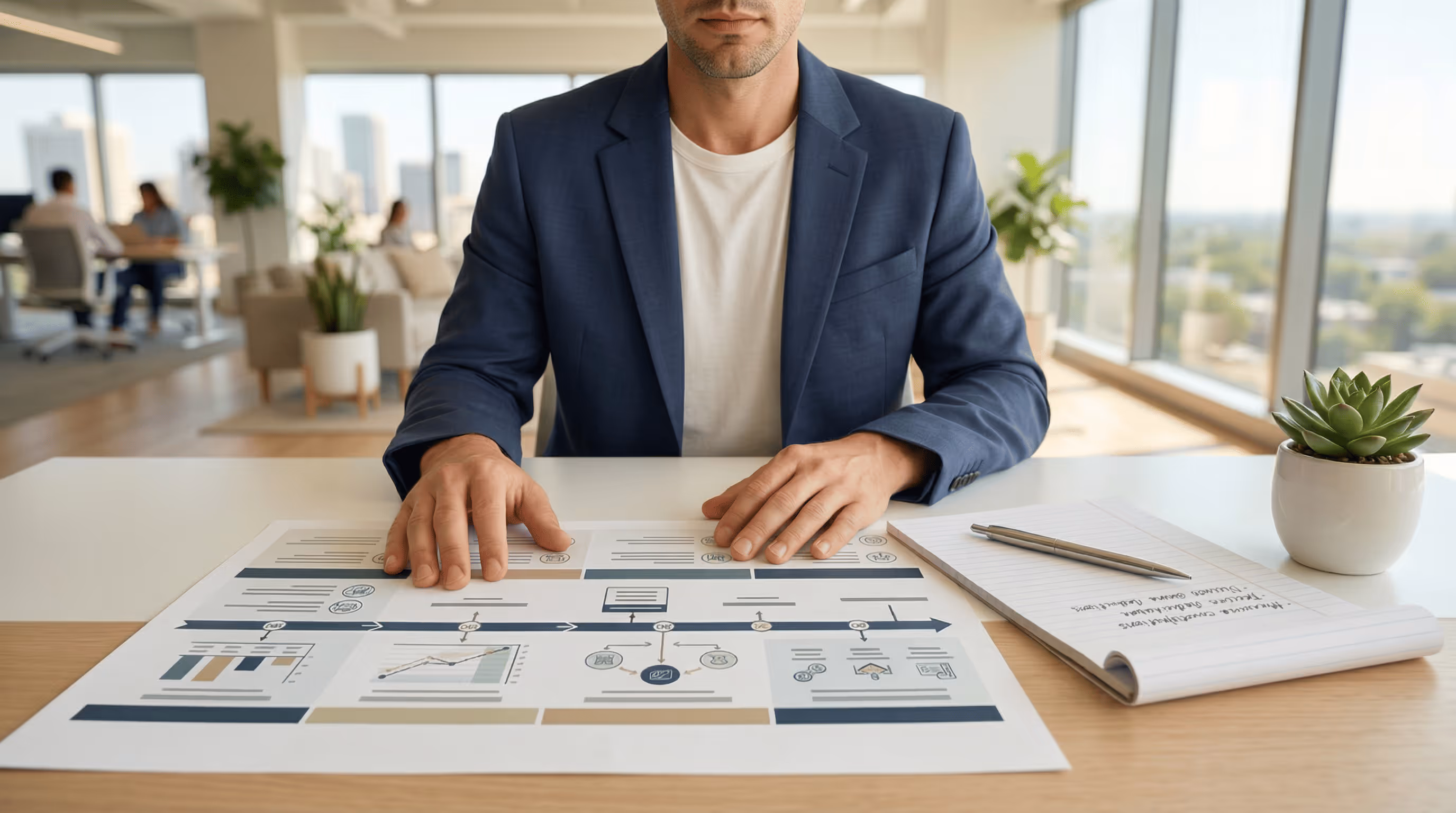 Man in a blue blazer sitting at a desk reviewing a large infographic with charts and a timeline, next to a notepad with handwritten notes and a pen, in a bright office.