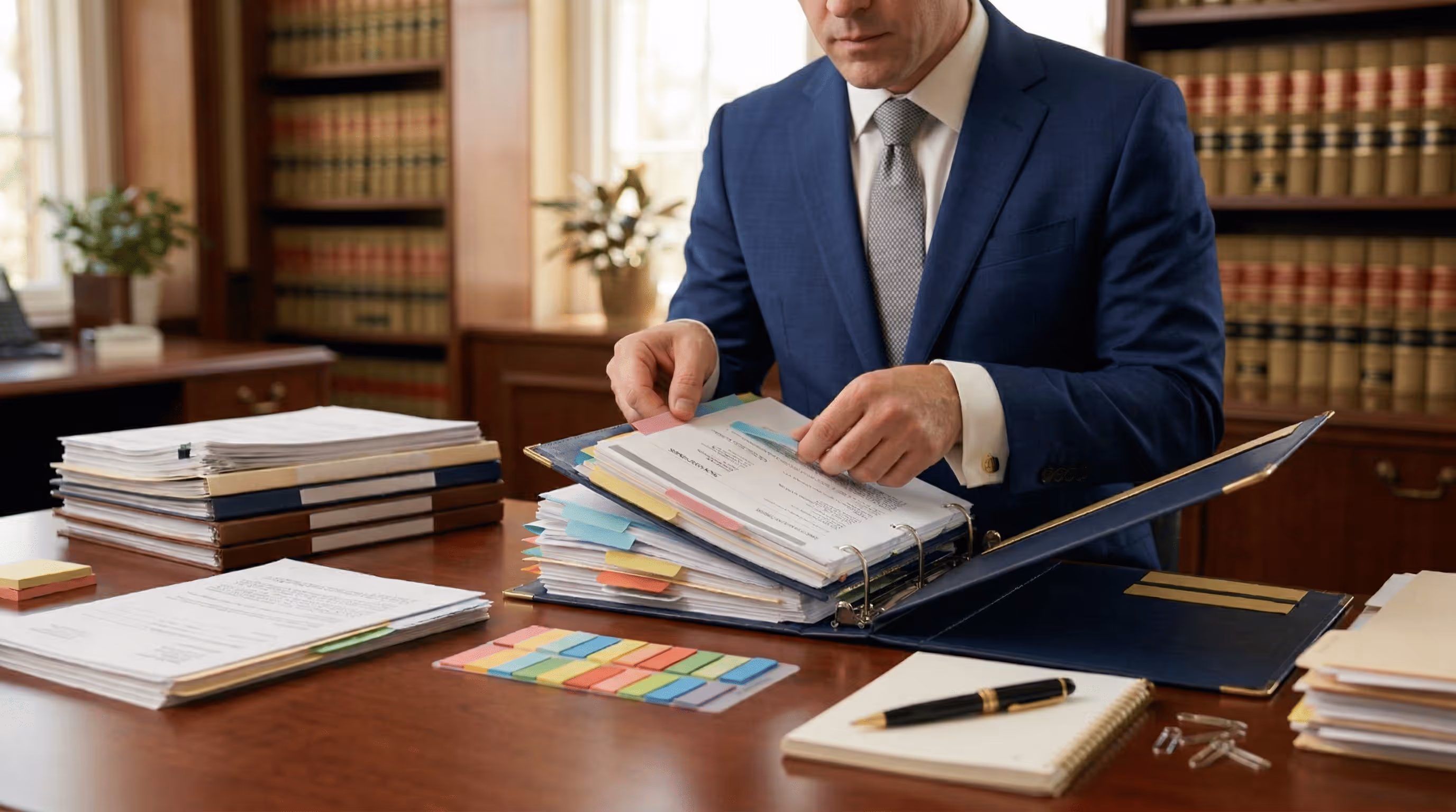 Man in a blue suit reviewing documents in an organized office with legal books and paperwork on the desk.