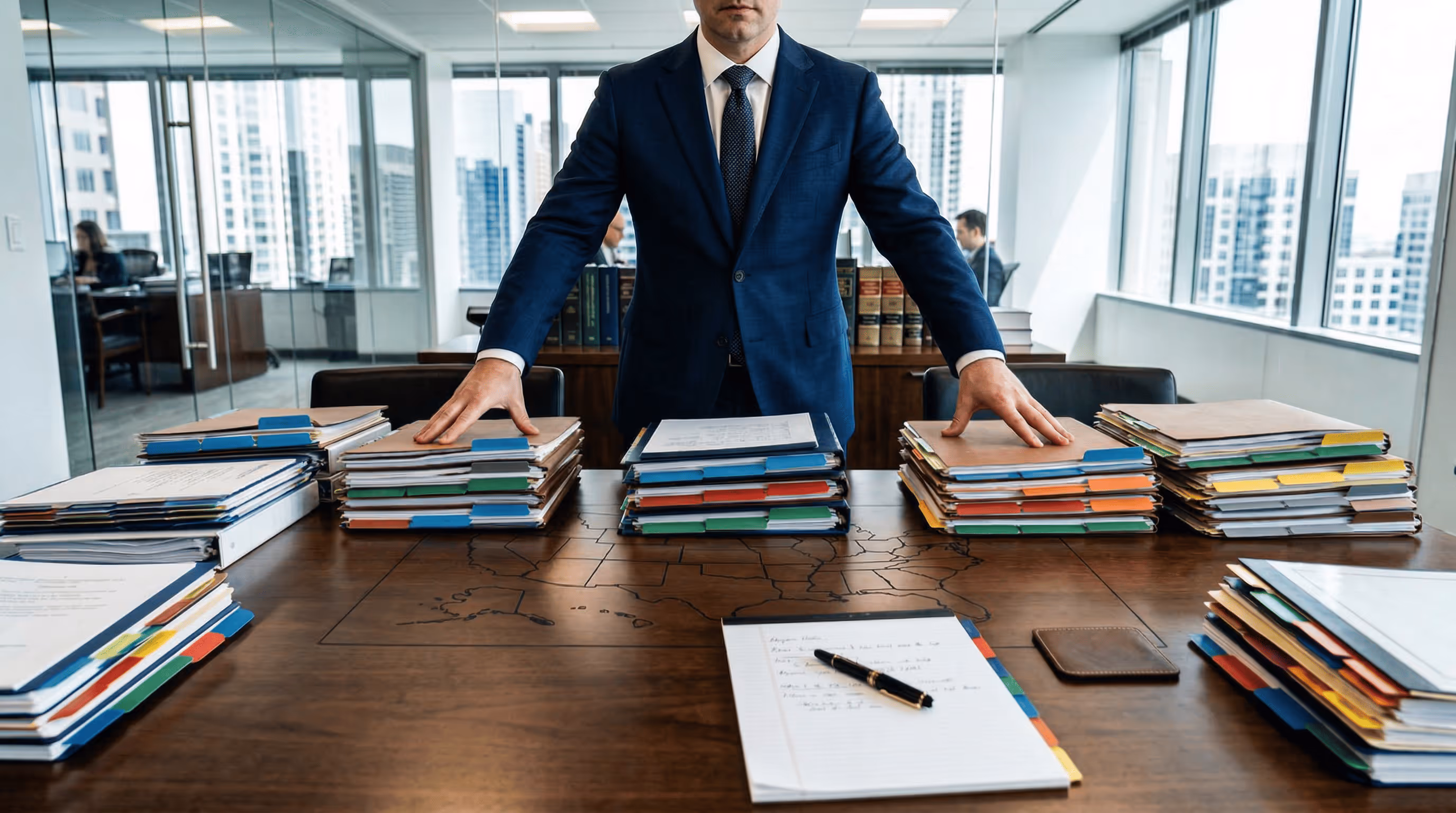 A man in a navy suit stands behind a table with organized stacks of documents and folders in a modern office.