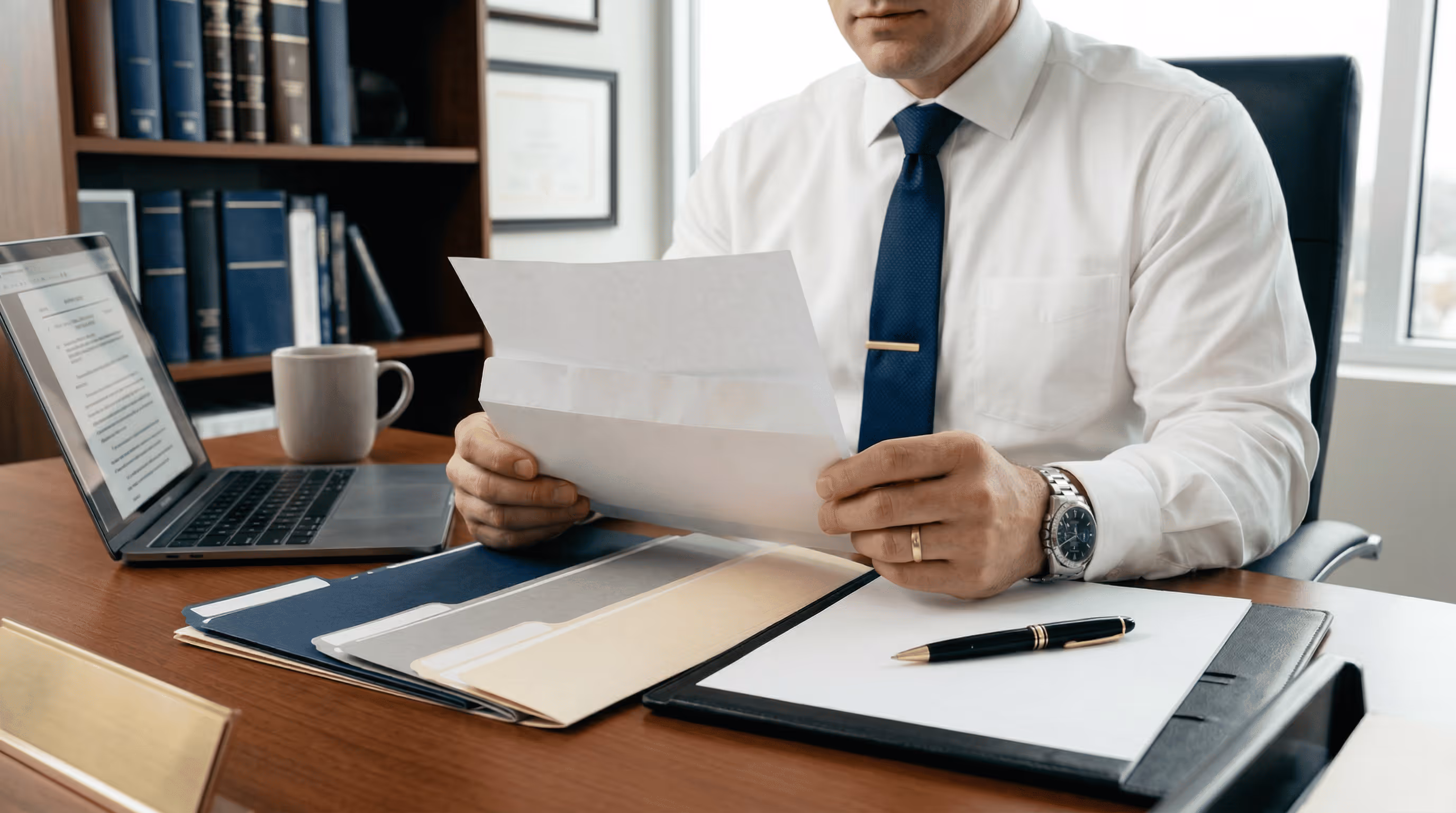Un hombre con camisa blanca y corbata azul, sentado ante un escritorio, revisando documentos con un ordenador portátil y unas carpetas a su lado.