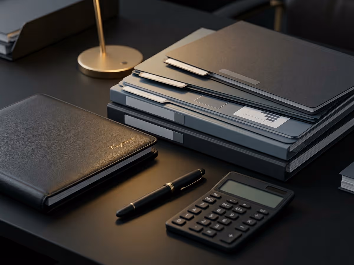 Stack of black and gray office folders on a dark desk with a black notebook, pen, calculator, and gold desk lamp.