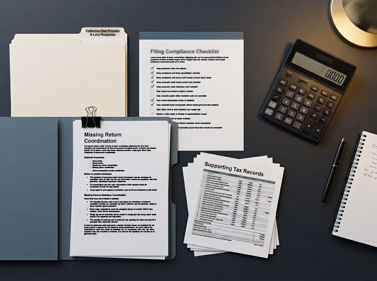 Desk with folders, financial documents titled Missing Return Coordination and Supporting Tax Records, a calculator, pen, and notebook.