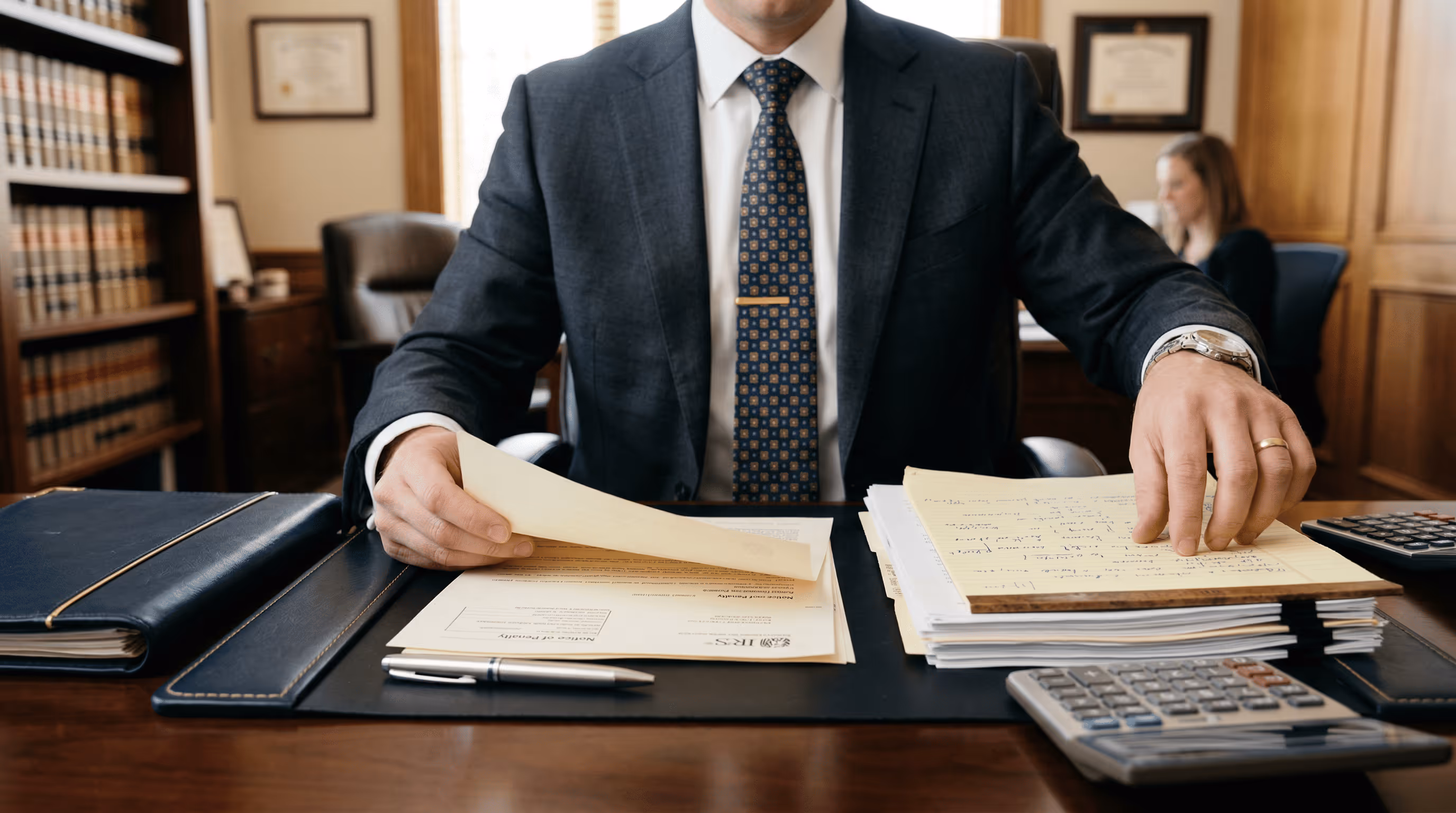 Man in a suit reviewing legal documents with a woman working in the background.