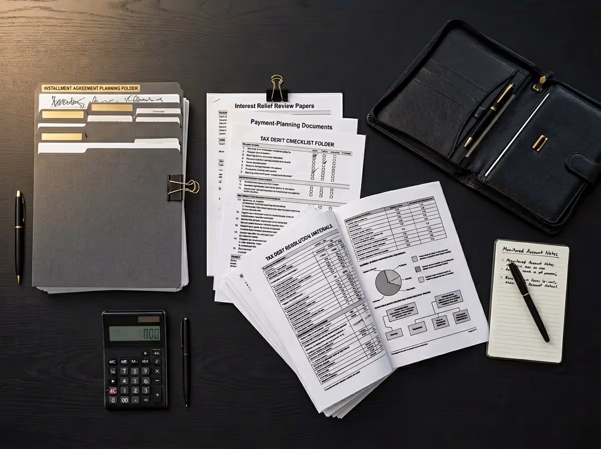 Calculator, pens, financial documents, file folders labeled Installment Agreement Planning and Tax Debt Resolution Materials, and a notepad with handwritten account notes on a dark desk.