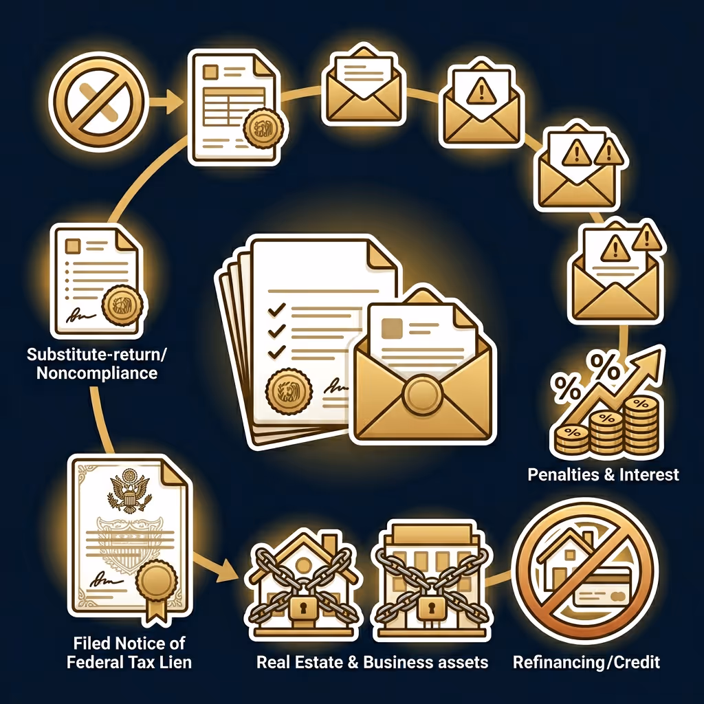 Circular infographic showing the consequences of tax noncompliance, including substitute return, notices, penalties and interest, federal tax lien, asset locks on real estate and business, and refinancing/credit restrictions.