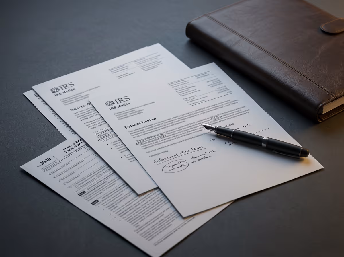 A black pen resting on IRS tax documents and a brown leather folder on a dark surface.