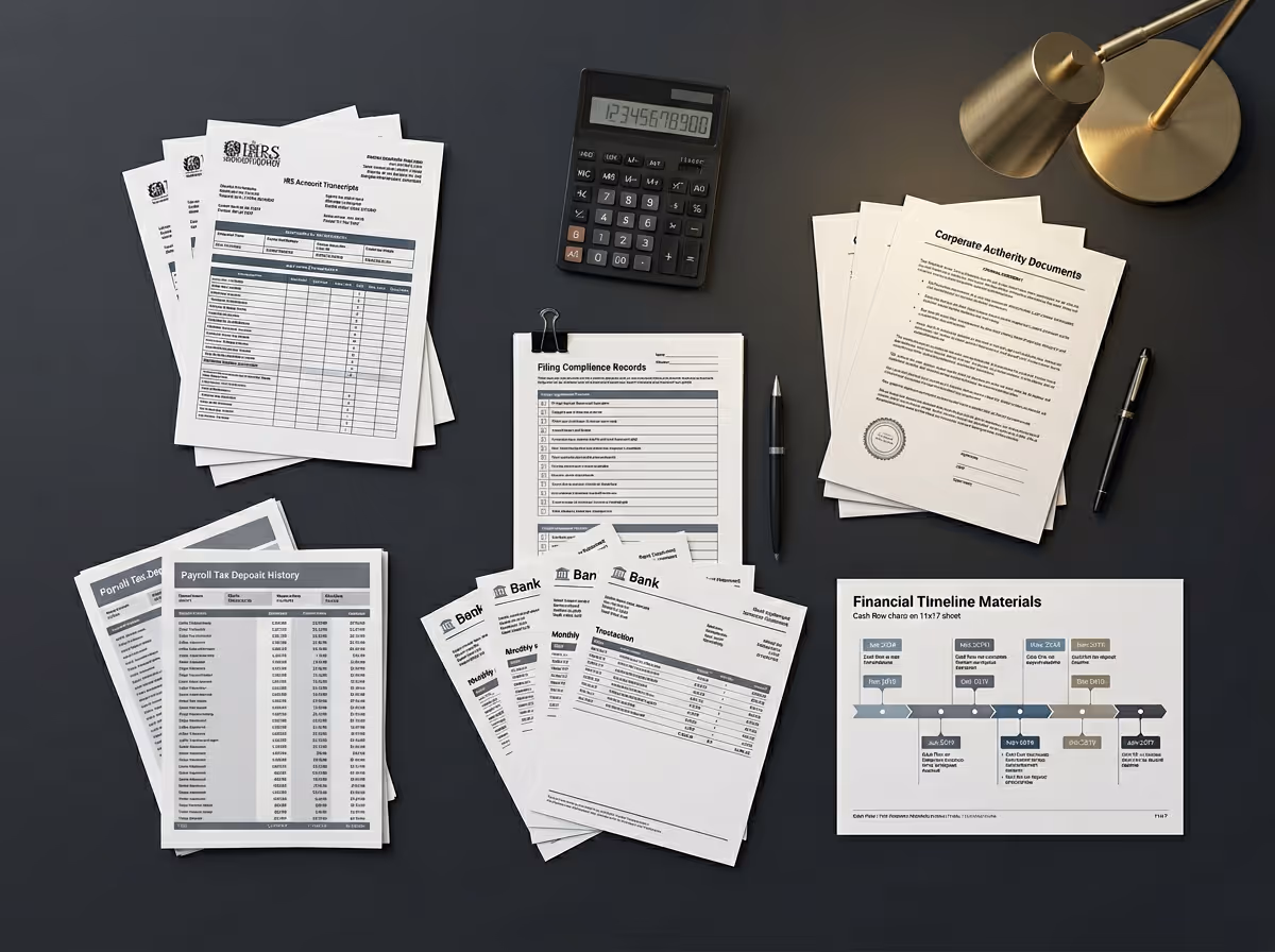 Desk with organized financial and corporate documents, a calculator displaying numbers, two pens, and a gold desk lamp.