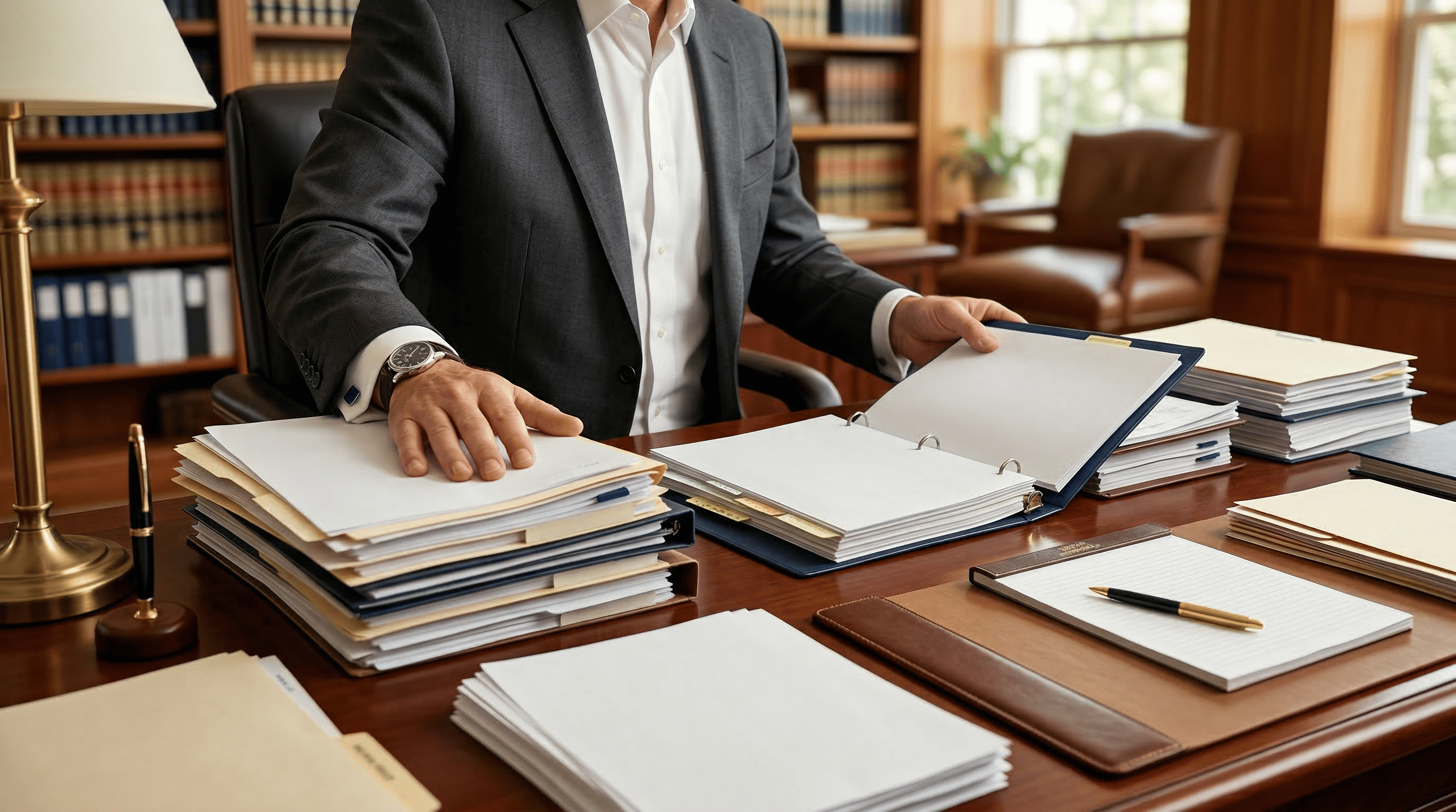 Person in a gray suit sitting at a desk organizing stacks of documents and binders in an office with wooden bookshelves and large windows.