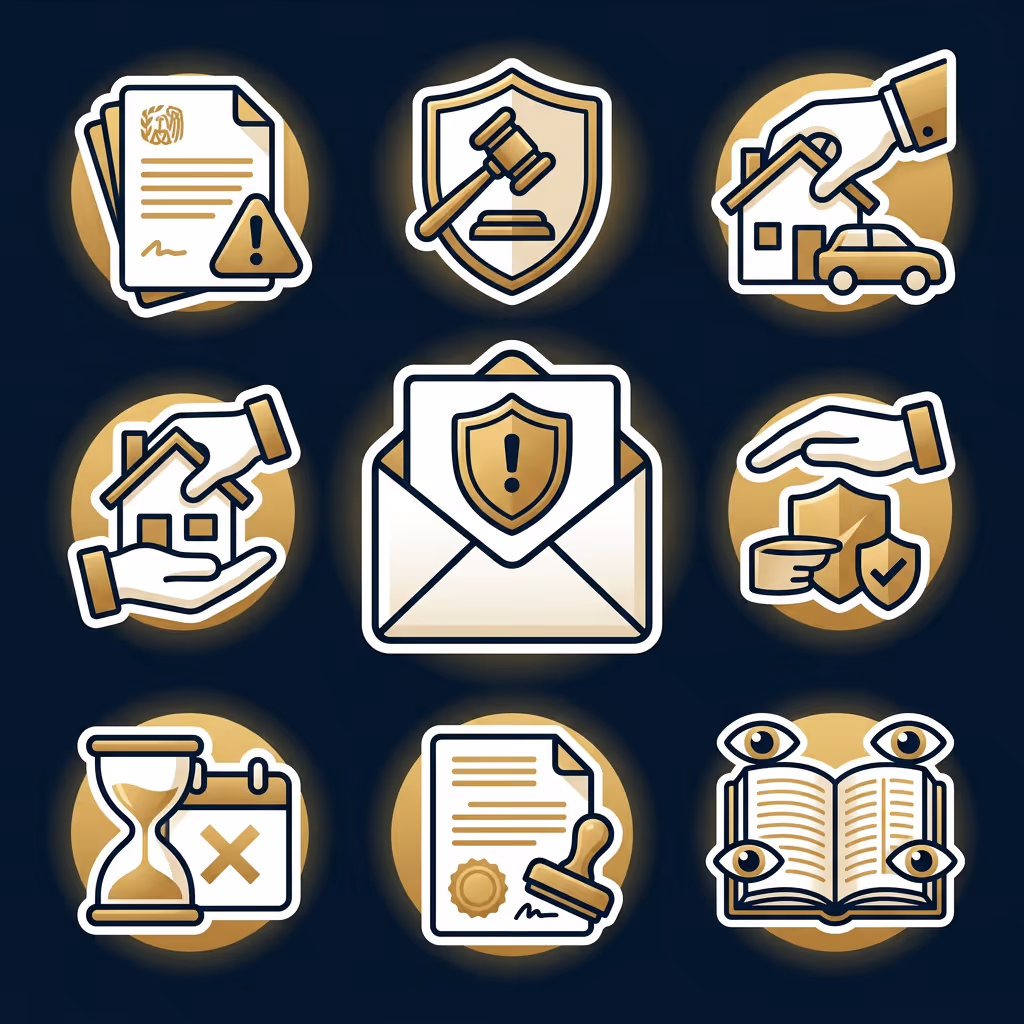 Set of nine insurance-related icons including documents with warning, judge gavel on shield, hand holding house and car, handshake over house, envelope with shield and exclamation mark, hand protecting shield and boxes, hourglass with calendar, certified document with stamp, and open book with four eyes.