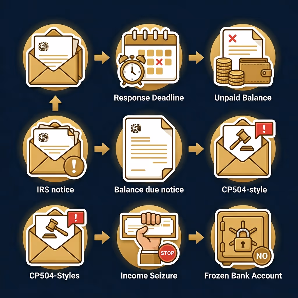 Flowchart illustrating IRS notice process: IRS notice leads to balance due notice, then CP504-style notice, followed by income seizure, and possibly frozen bank account if unpaid after response deadline.