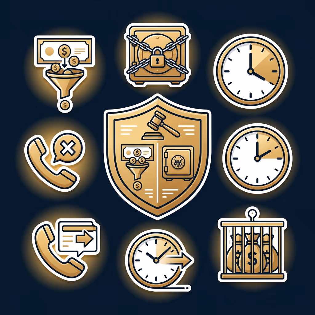 Set of gold and white icons on dark background including money funnel, locked safe, multiple clocks showing different times, phone with cancel and forward symbols, shield with legal and financial symbols, and money bags in a cage.
