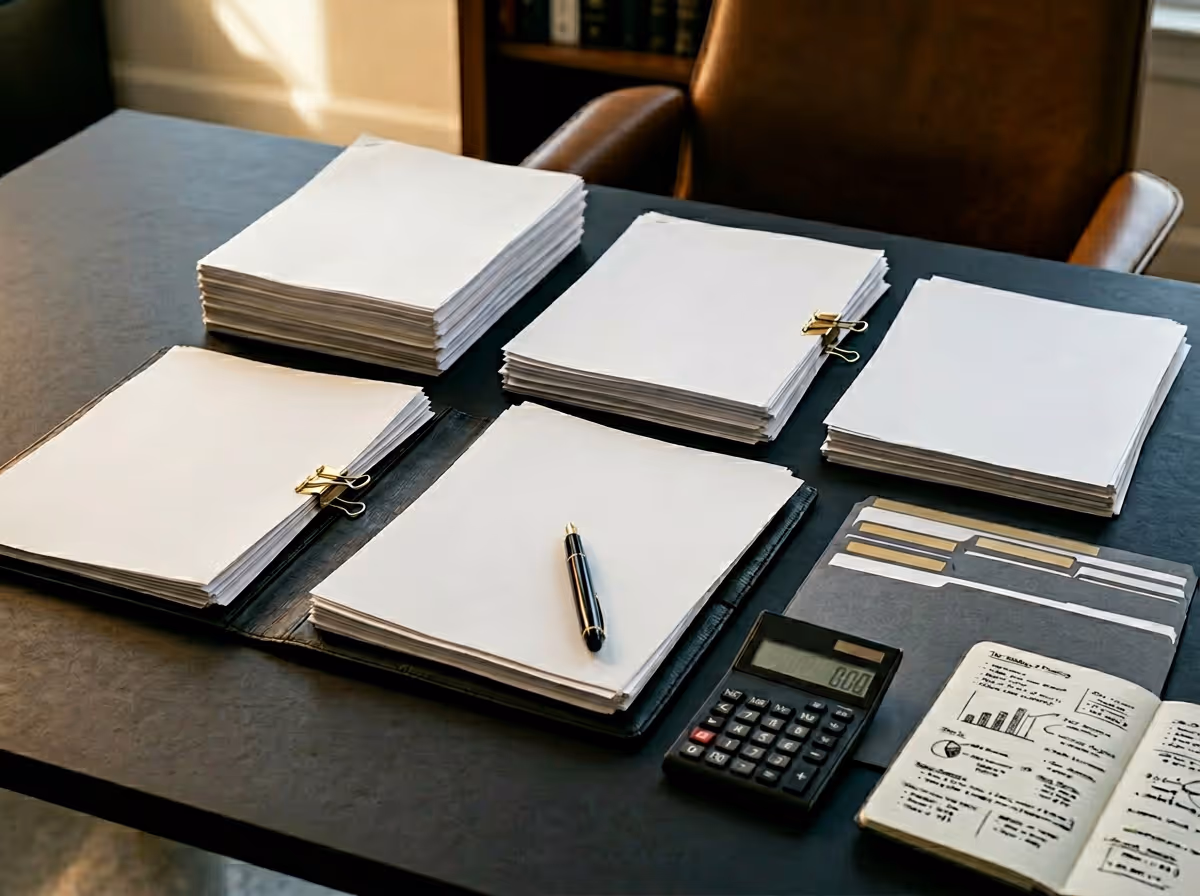 Office desk with multiple stacks of blank paper, a black pen, a calculator, and an open notebook with charts and notes.