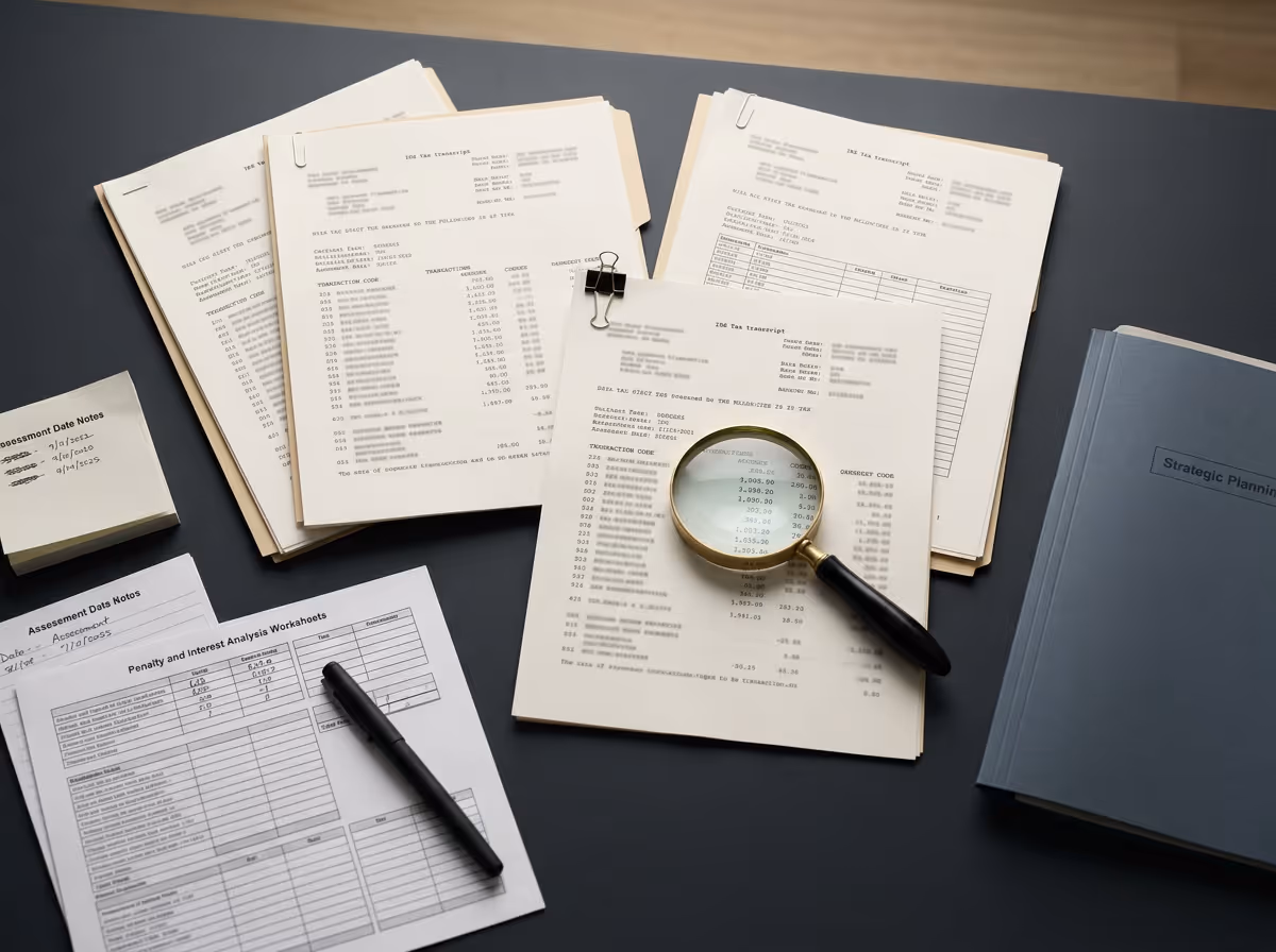 Desk with tax transcripts, penalty and interest analysis worksheets, a pen, a magnifying glass, and a file labeled Strategic Planning.