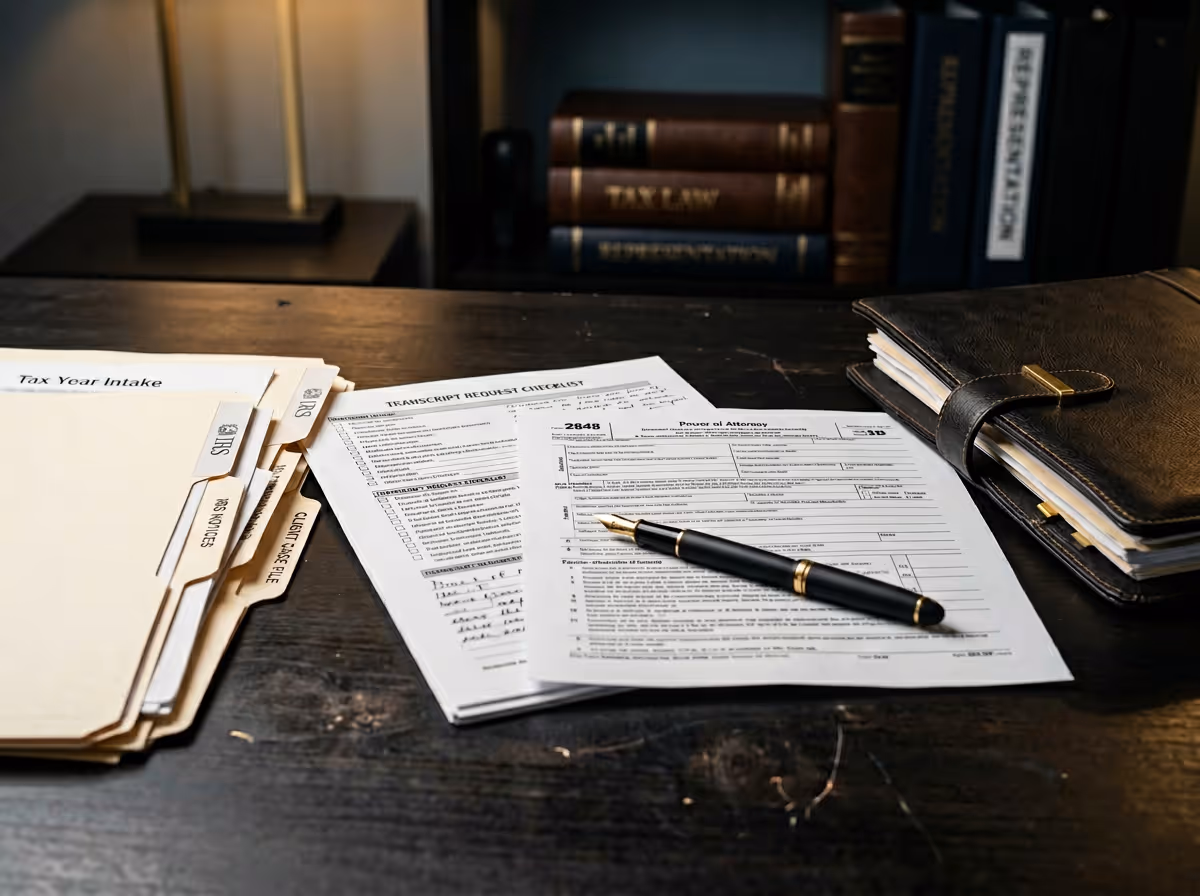 Desk with organized tax-related folders, a pen resting on a Power of Attorney form, and a leather-bound planner with books in the background.