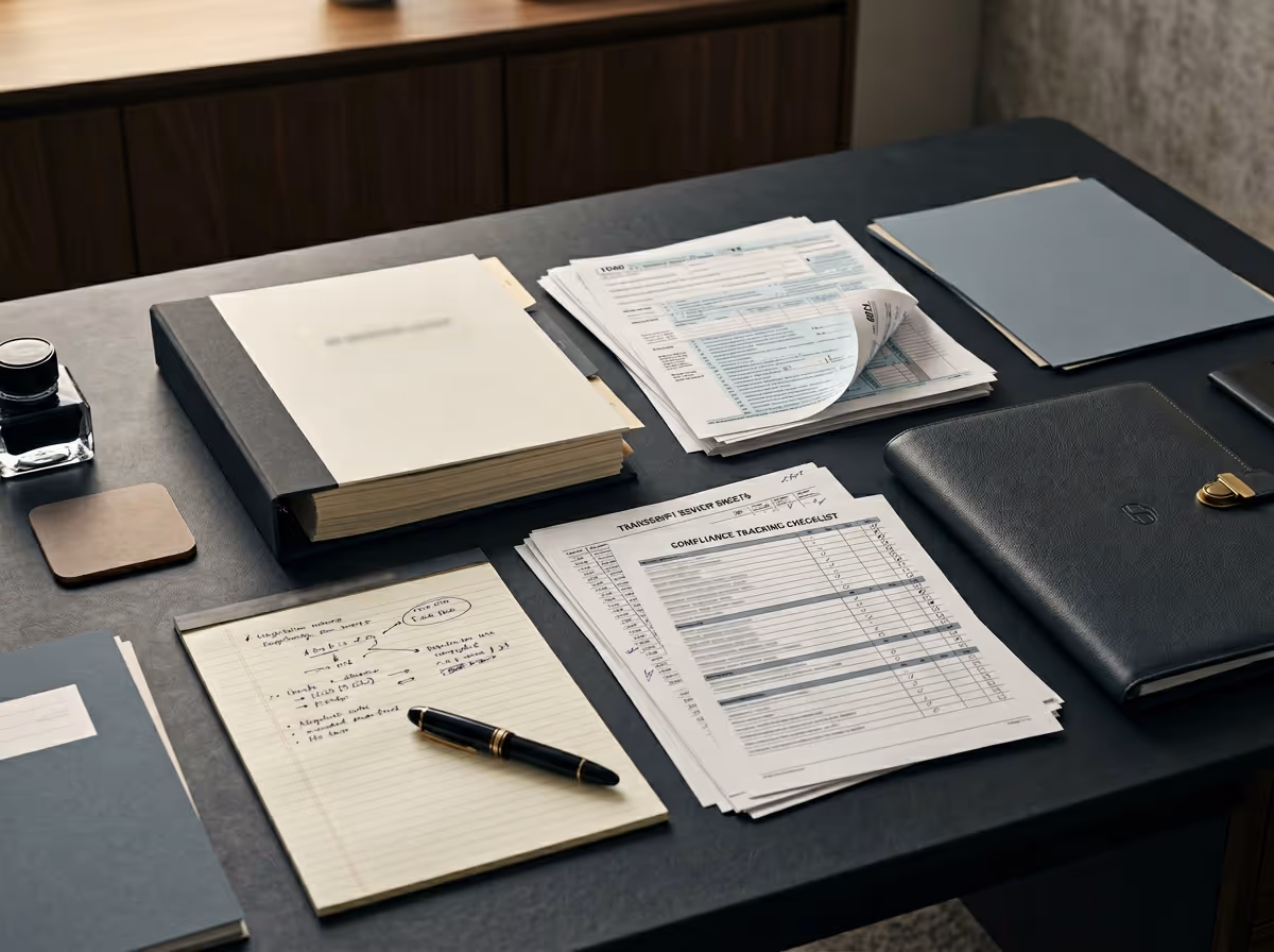 Organized office desk with stacks of documents, folders, a black notebook, a pen on a notepad with handwritten notes, and an ink bottle.
