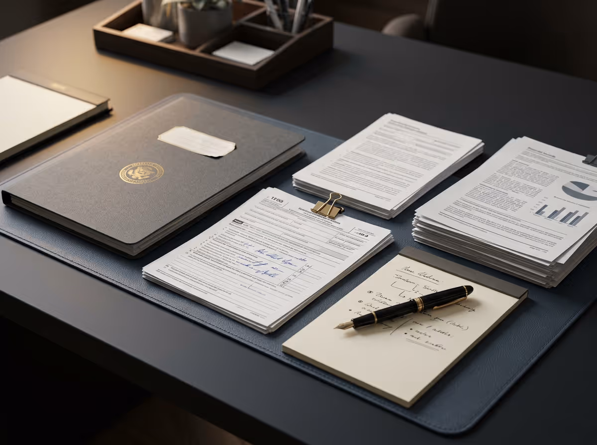 Organized office desk with a black leather binder, stacks of documents with charts, a form clipped with a binder clip, and a notepad with a fountain pen on top.