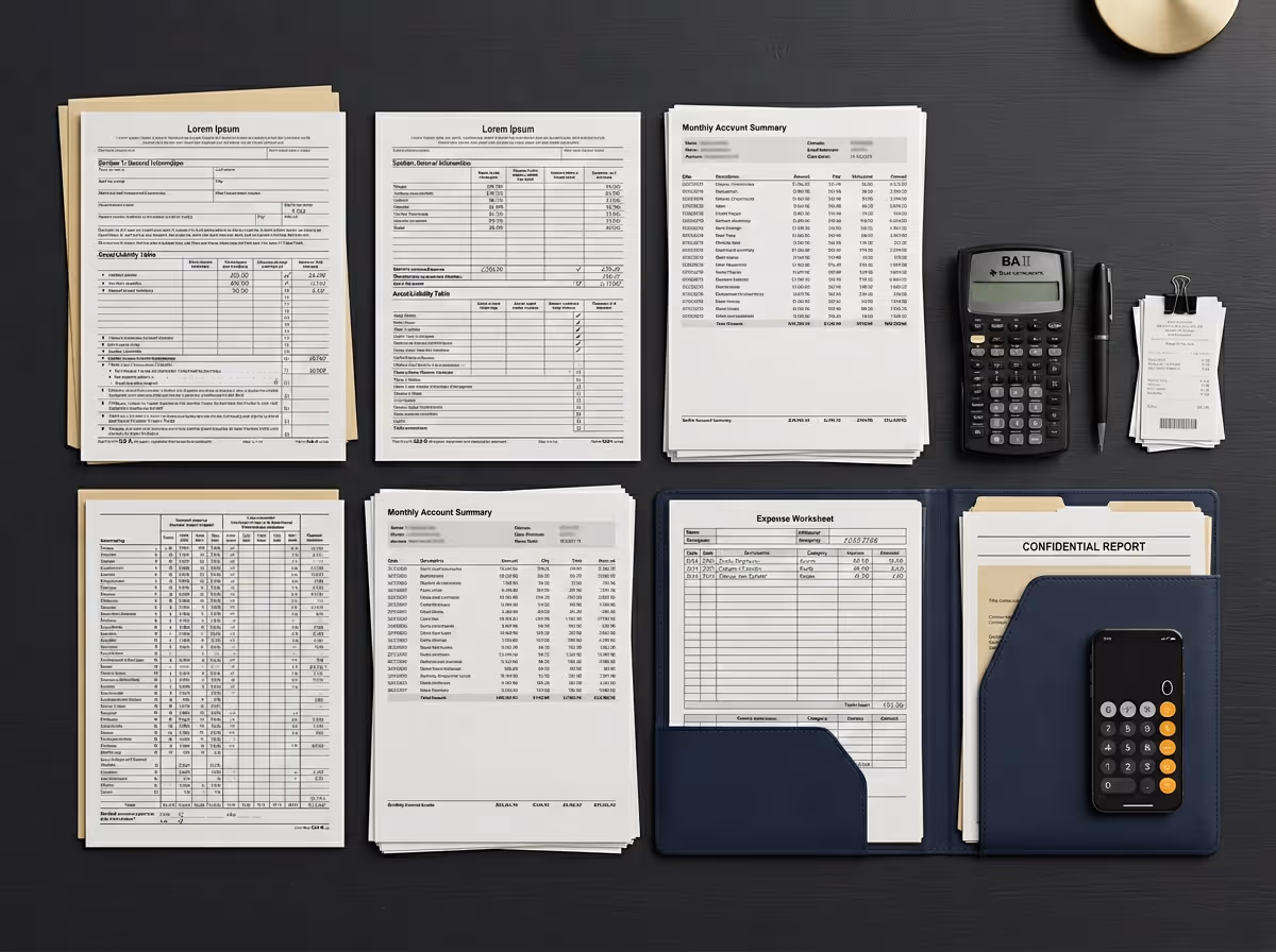 Organized financial documents, calculators, pen, and folders labeled Confidential Report on a dark desk.