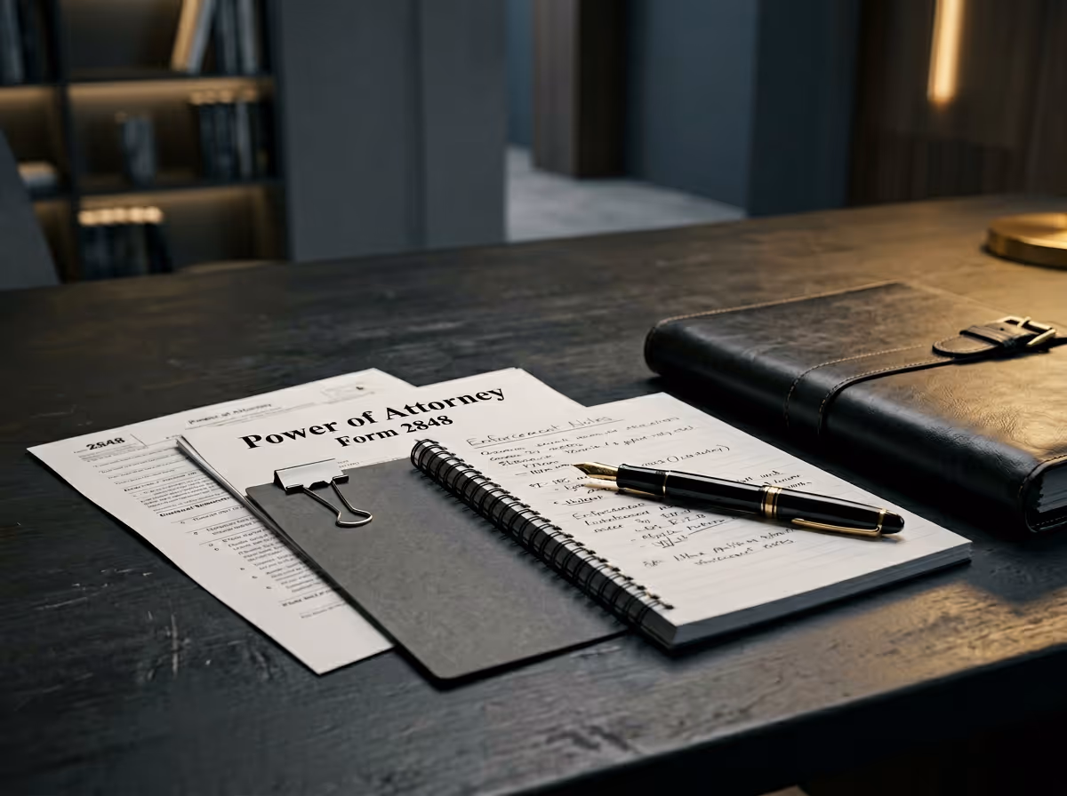 Desk with Power of Attorney form, a handwritten notebook with a pen, and a closed leather-bound folder.