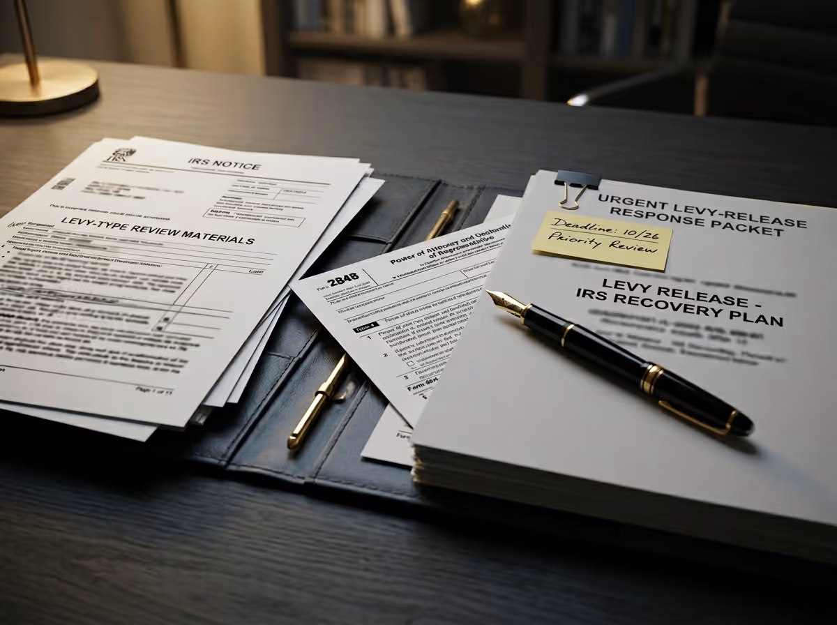 Stacked IRS documents on a dark desk, including 'Urgent Levy-Release Response Packet' with a pen and a sticky note reading 'Deadline: 10/26 Priority Review.'