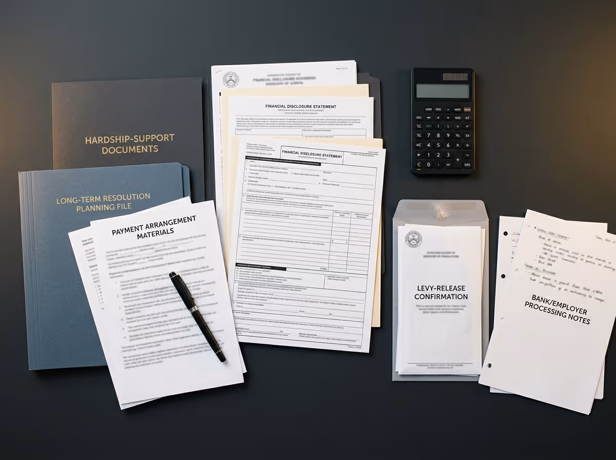 Documents labeled Hardship-Support, Long-Term Resolution Planning, Payment Arrangement Materials, Financial Disclosure Statements, Levy-Release Confirmation, Bank/Employer Processing Notes, and a black calculator on a dark surface.
