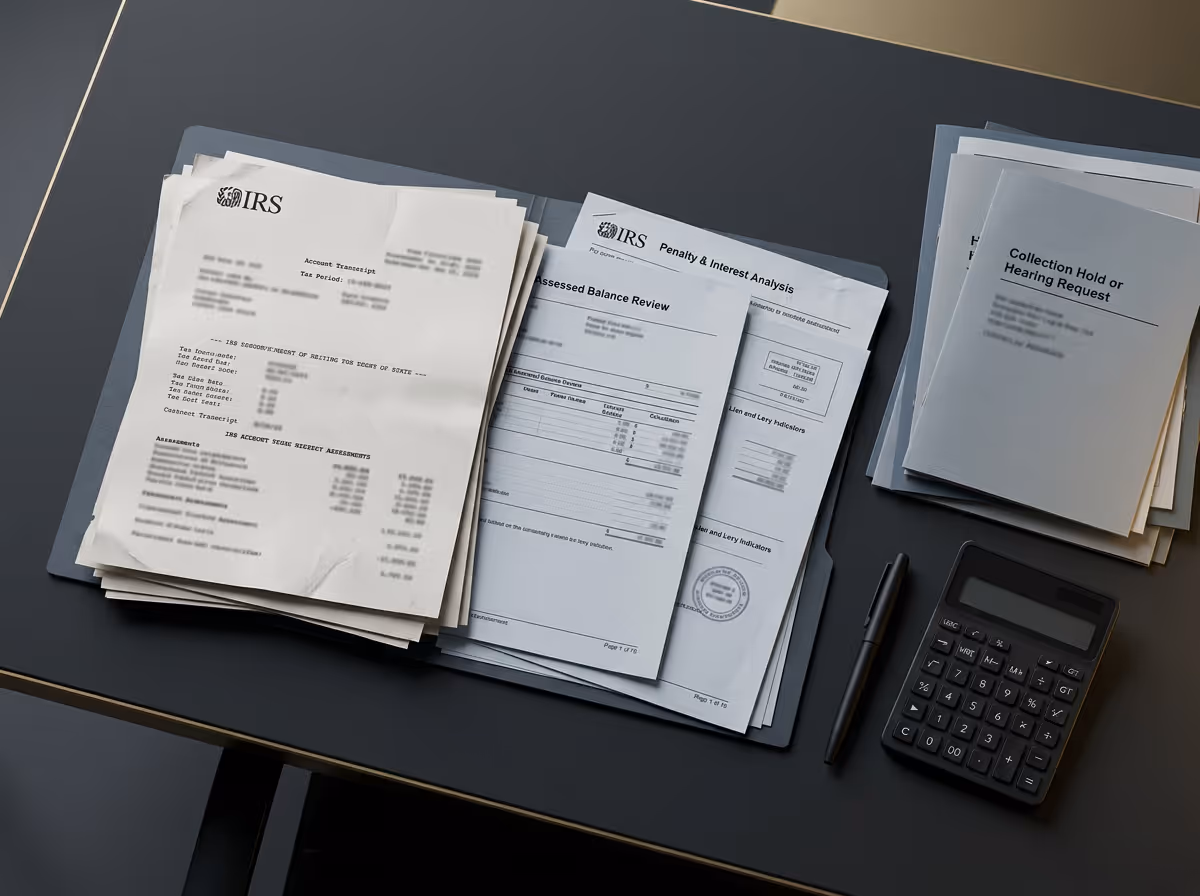 Stacks of IRS tax documents, including an account transcript, penalty and interest analysis, and collection hold or hearing request, alongside a black pen and calculator on a dark desk.