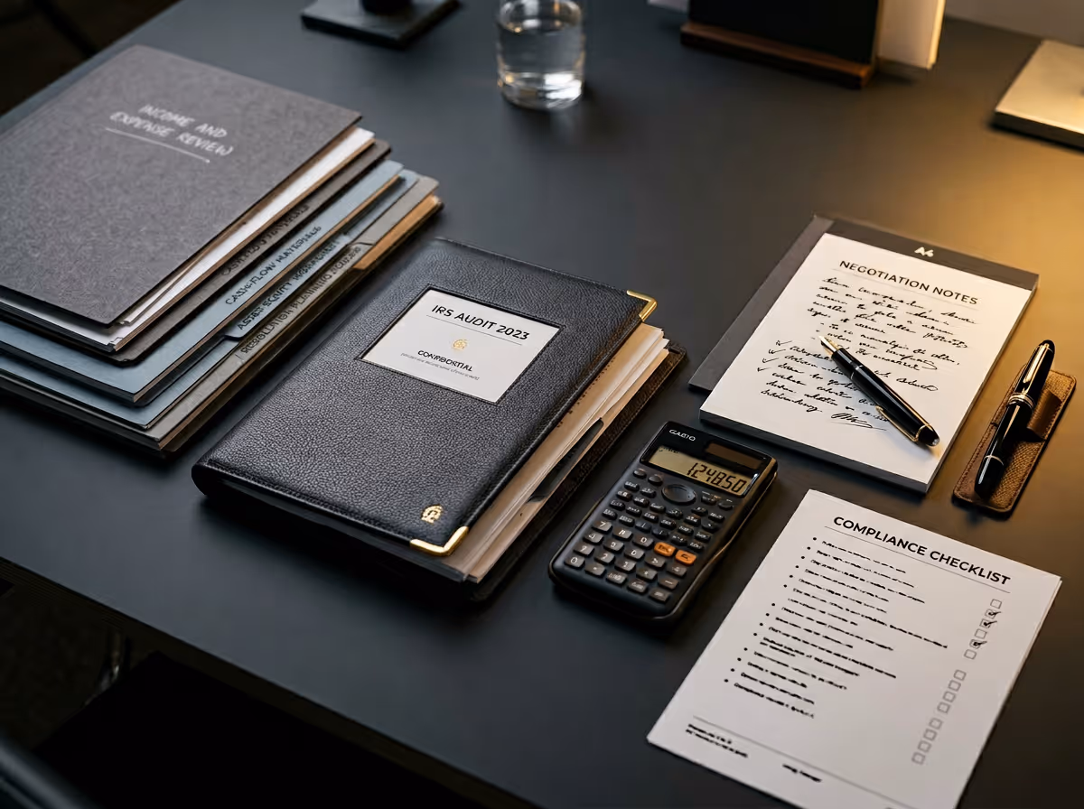 Desk with financial documents including notebooks labeled for review and audit, a calculator, negotiation notes with a pen, and a compliance checklist.