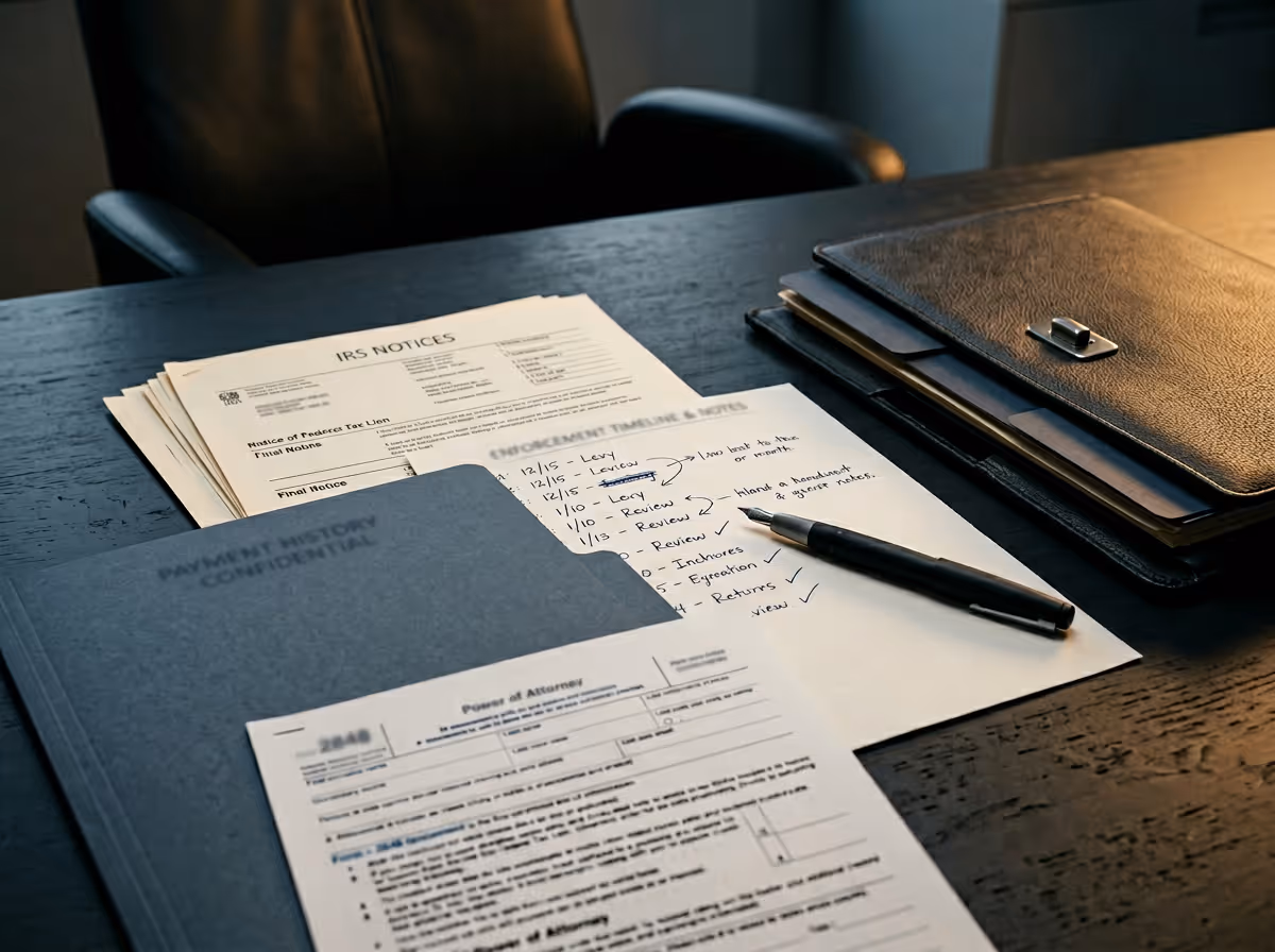 Office desk with IRS tax notices, handwritten notes, a pen, and a black leather folder.