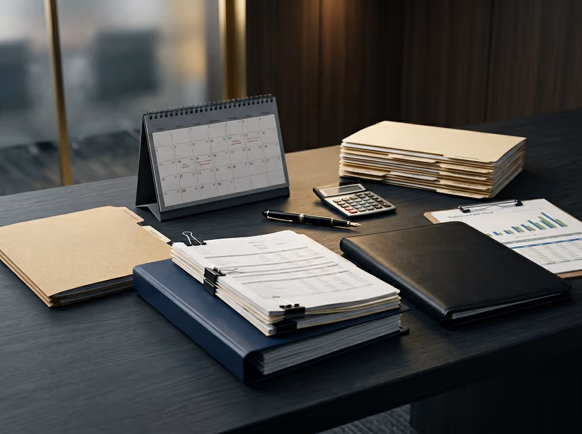 Office desk with stacked file folders, a desktop calendar, calculator, pen, binders, and documents including a clipboard with a bar chart.