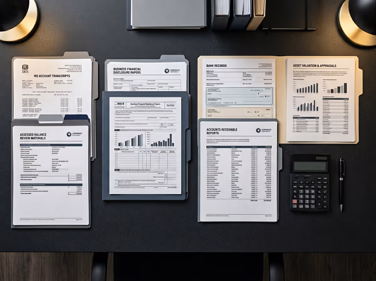 Top view of a desk with organized financial documents and folders, a calculator, a pen, and two desk lamps.