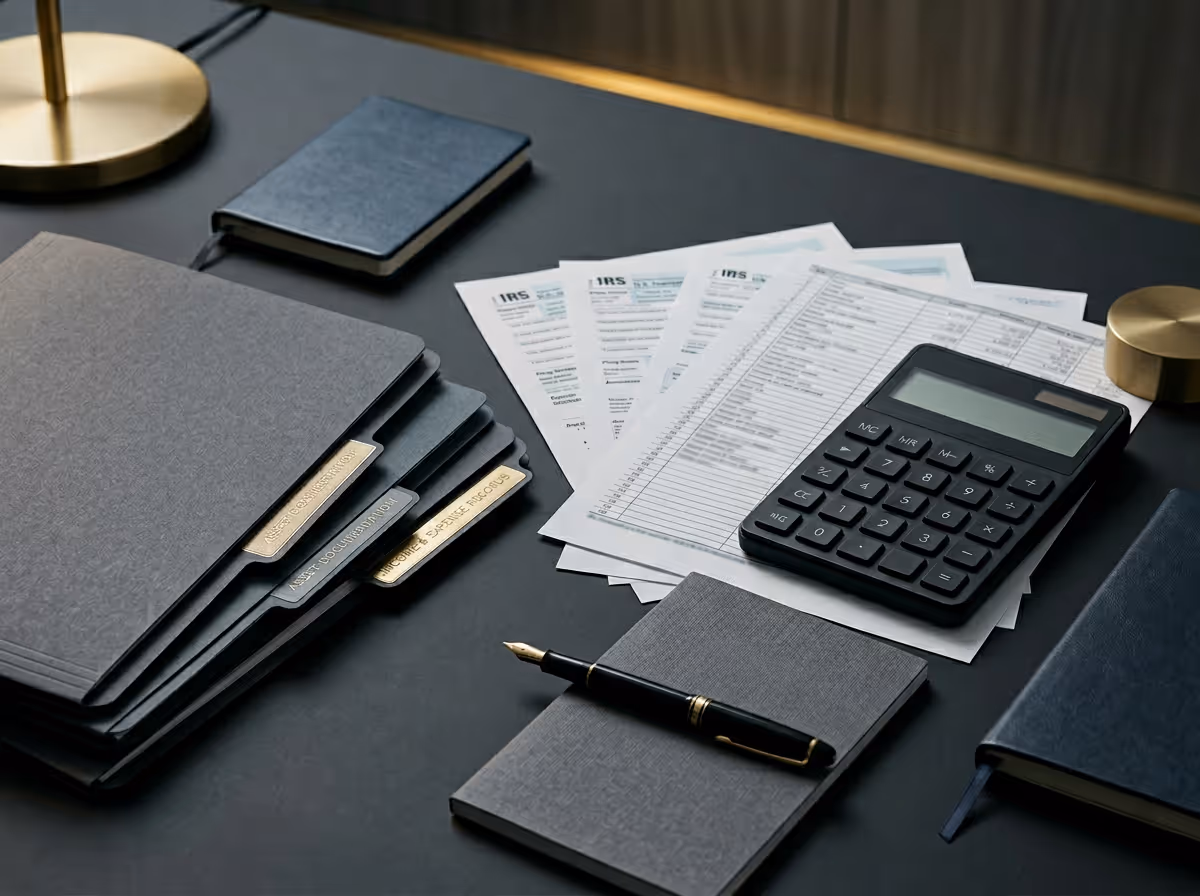 Black desk with tax documents, black calculator, folders labeled 'Asset Collection', 'Asset Documentation', and 'Income & Expense Records', two notebooks, and a pen.