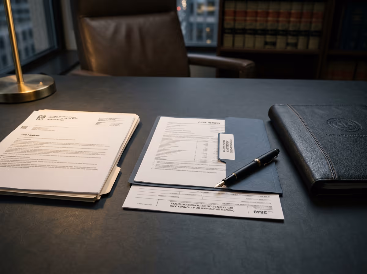 Office desk with IRS notices, case review documents, a fountain pen, and a black leather folder.